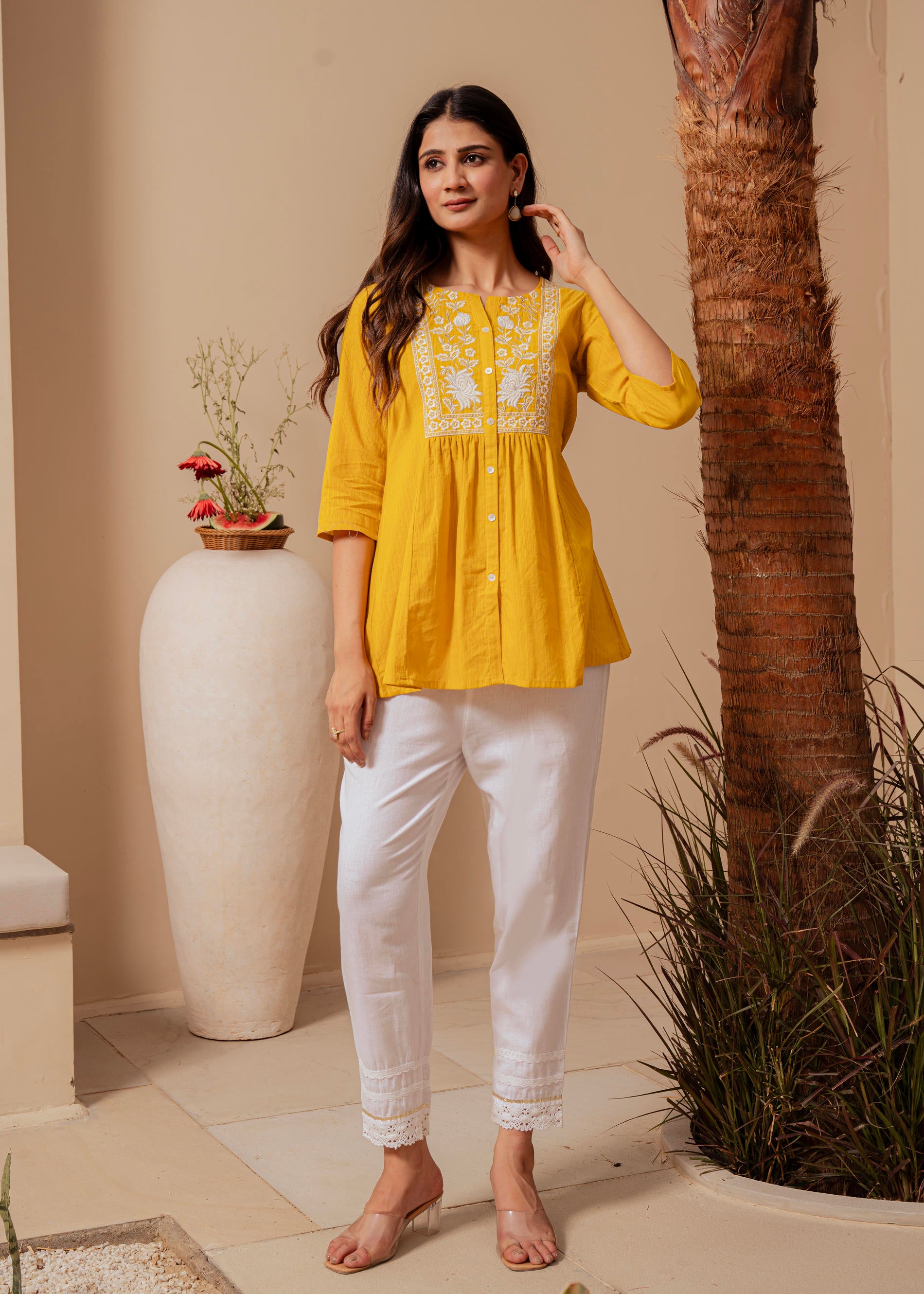 Mustard Striped Cotton Tunic with Thread Work and Button Detailing