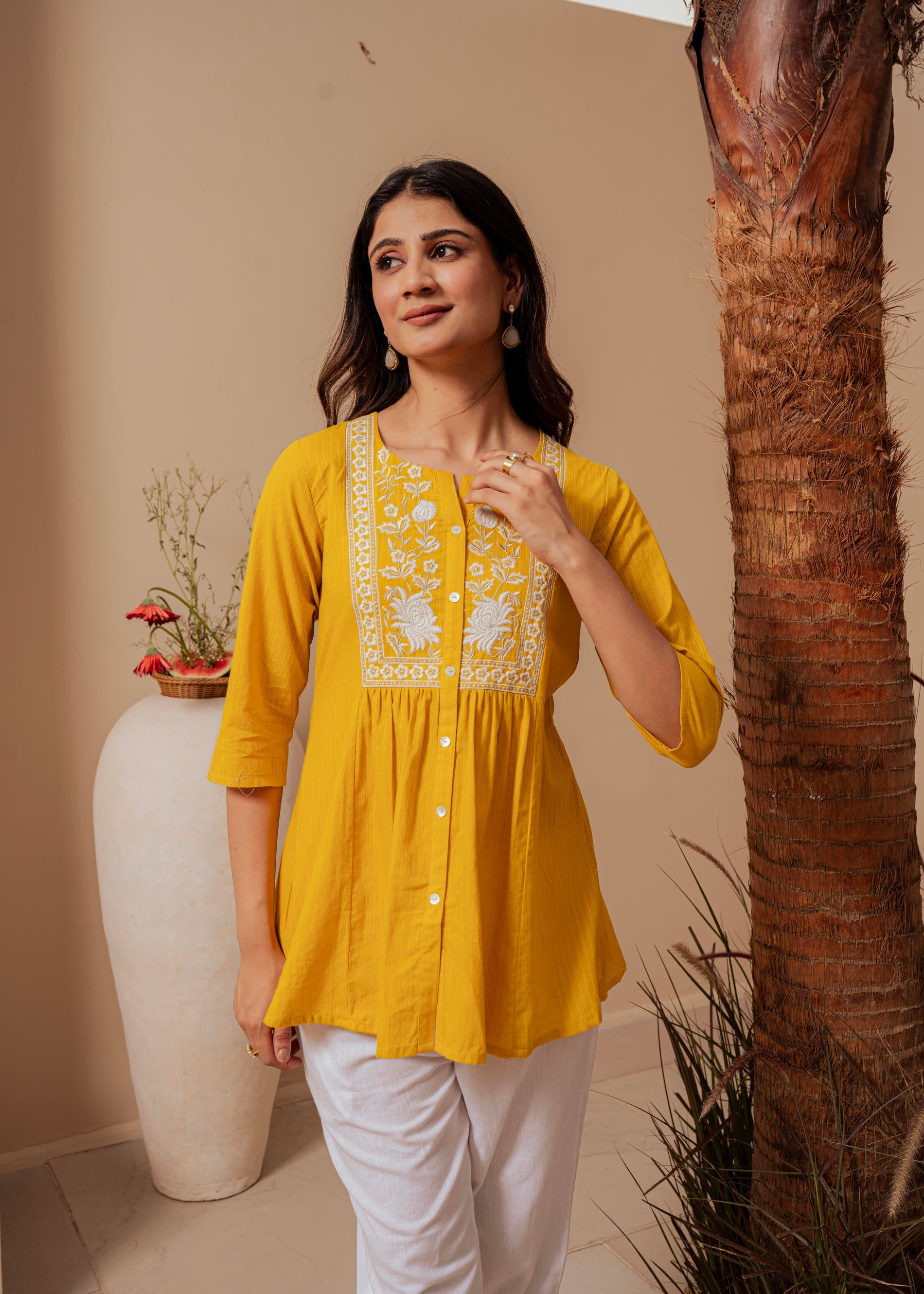 Mustard Striped Cotton Tunic with Thread Work and Button Detailing