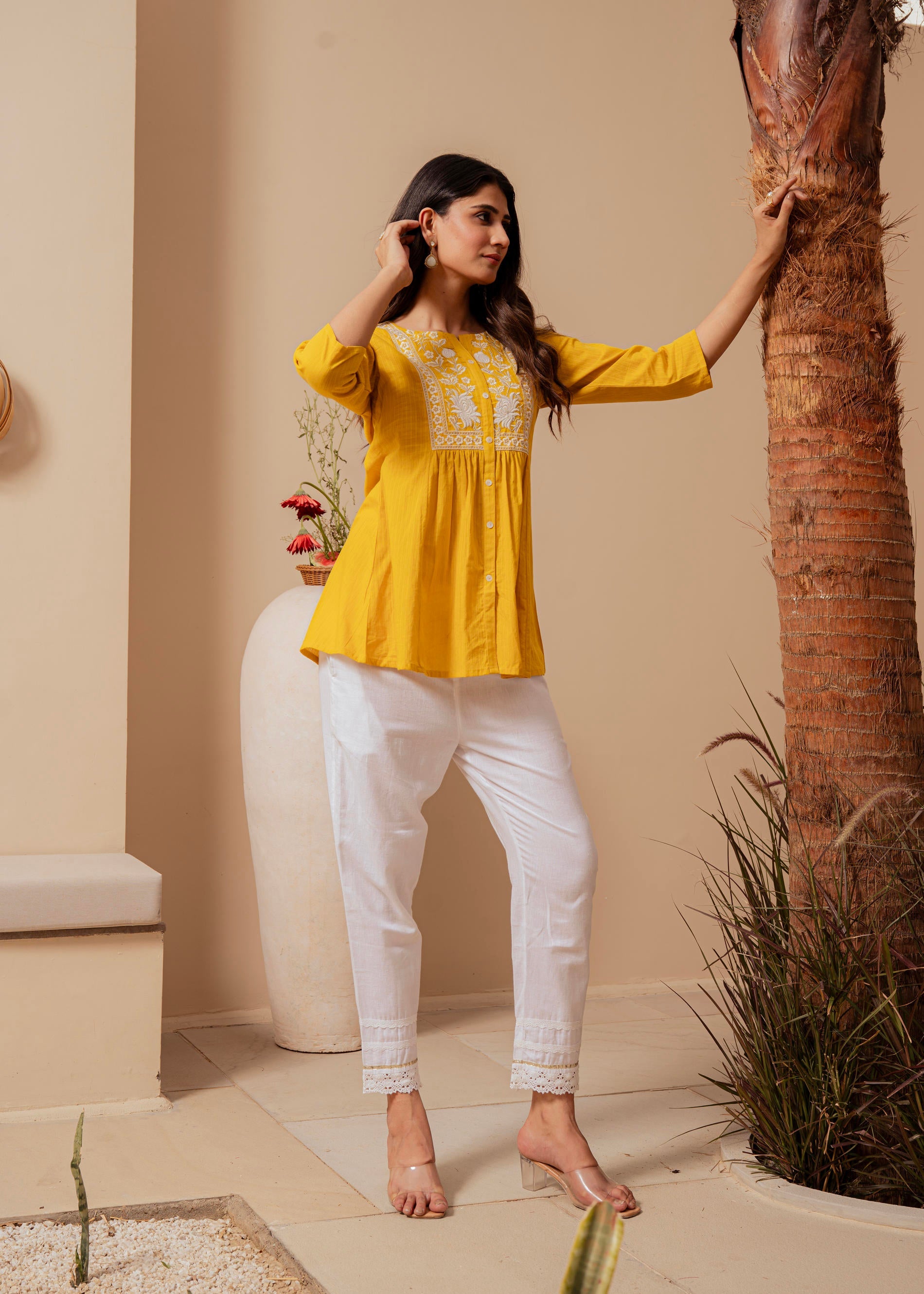 Mustard Striped Cotton Tunic with Thread Work and Button Detailing