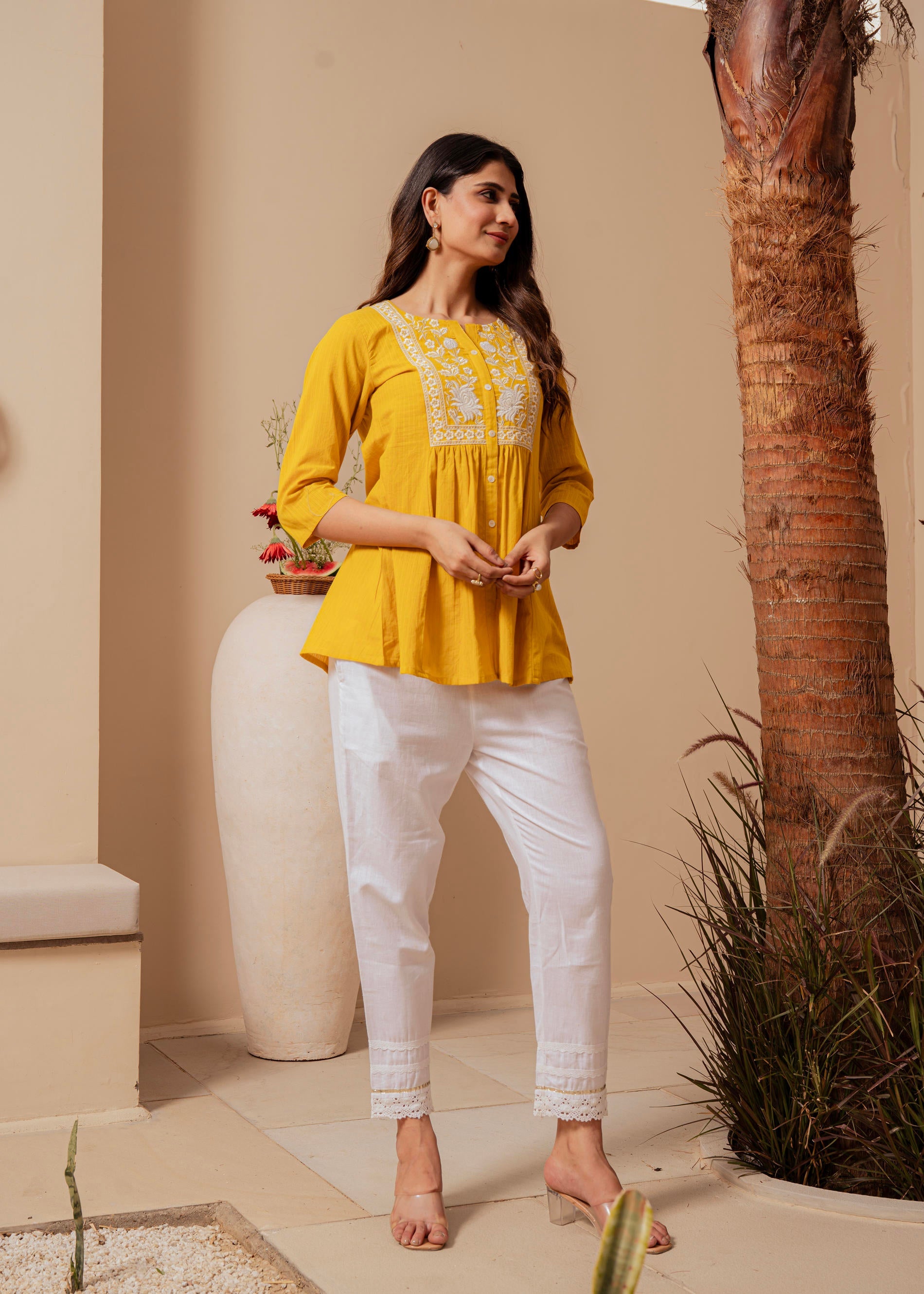 Mustard Striped Cotton Tunic with Thread Work and Button Detailing