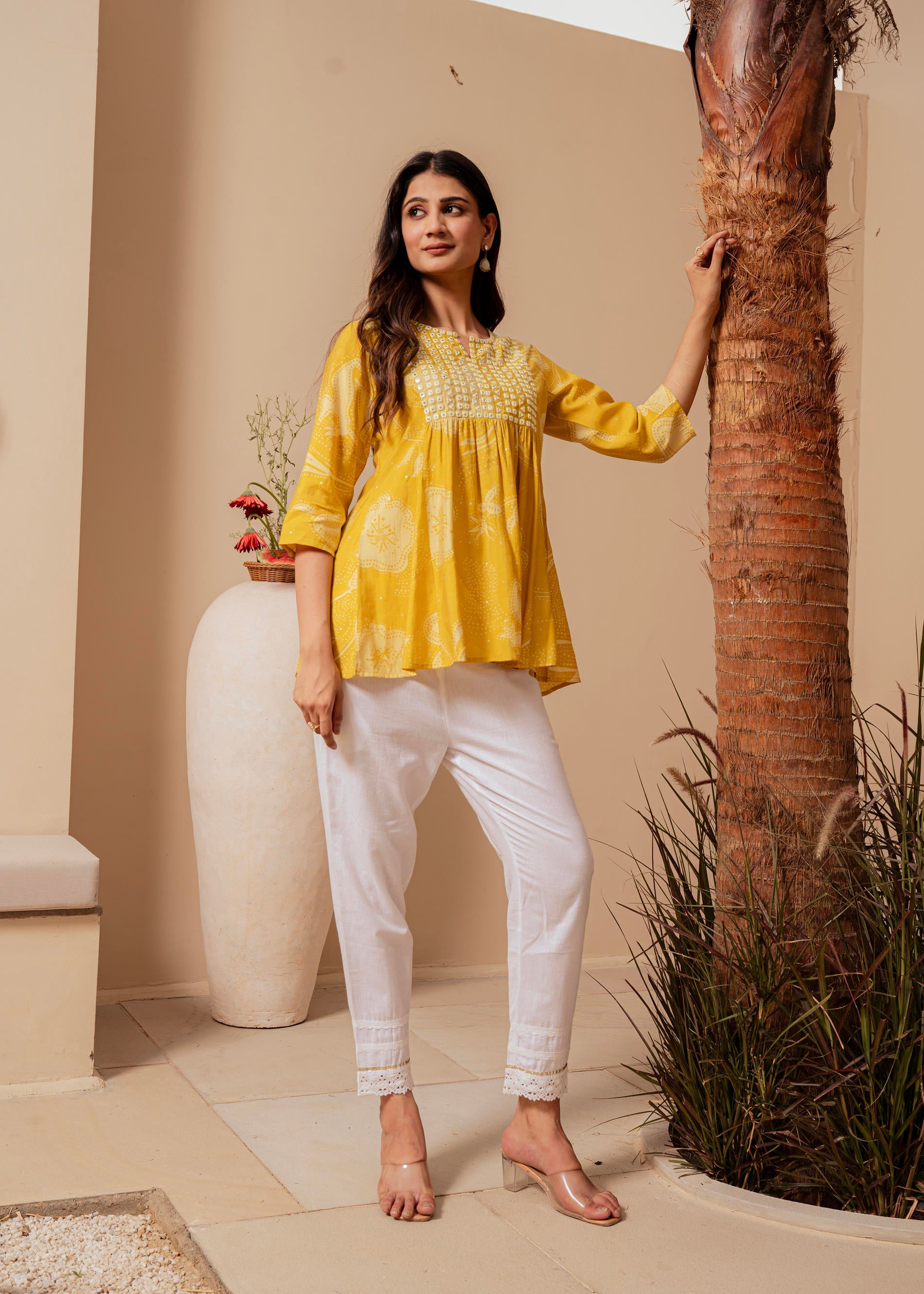 Mustard Ethnic Motifs Viscose Tunic with Thread Work and Mirror Detailing