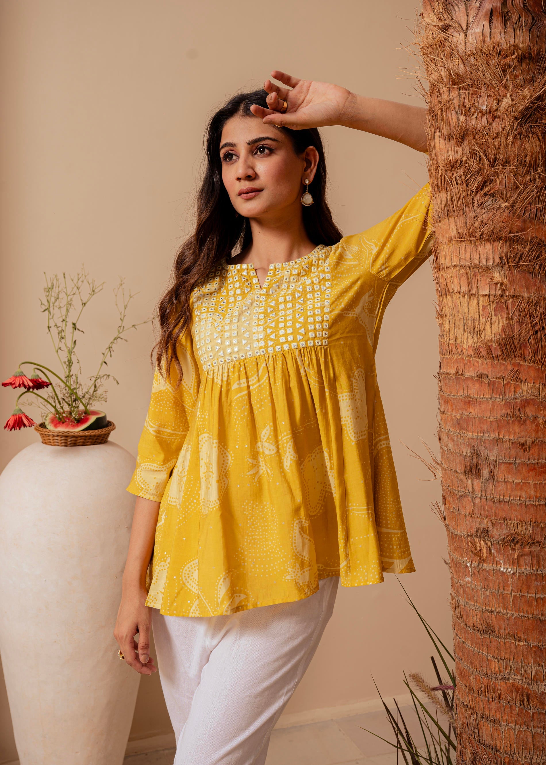 Mustard Ethnic Motifs Viscose Tunic with Thread Work and Mirror Detailing