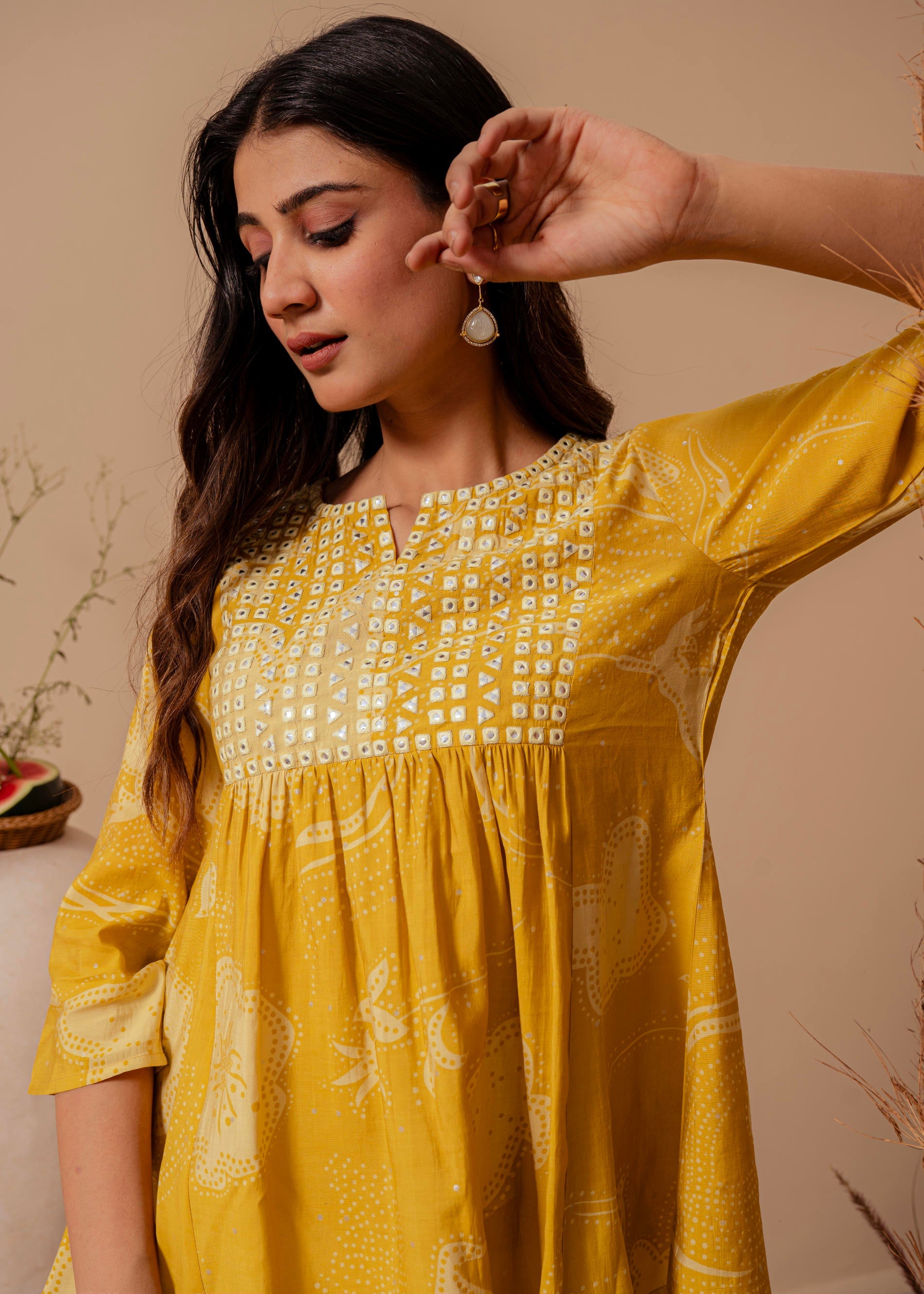 Mustard Ethnic Motifs Viscose Tunic with Thread Work and Mirror Detailing