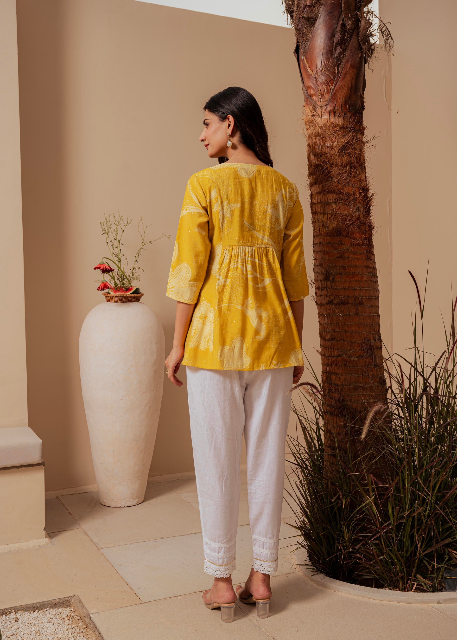 Mustard Ethnic Motifs Viscose Tunic with Thread Work and Mirror Detailing