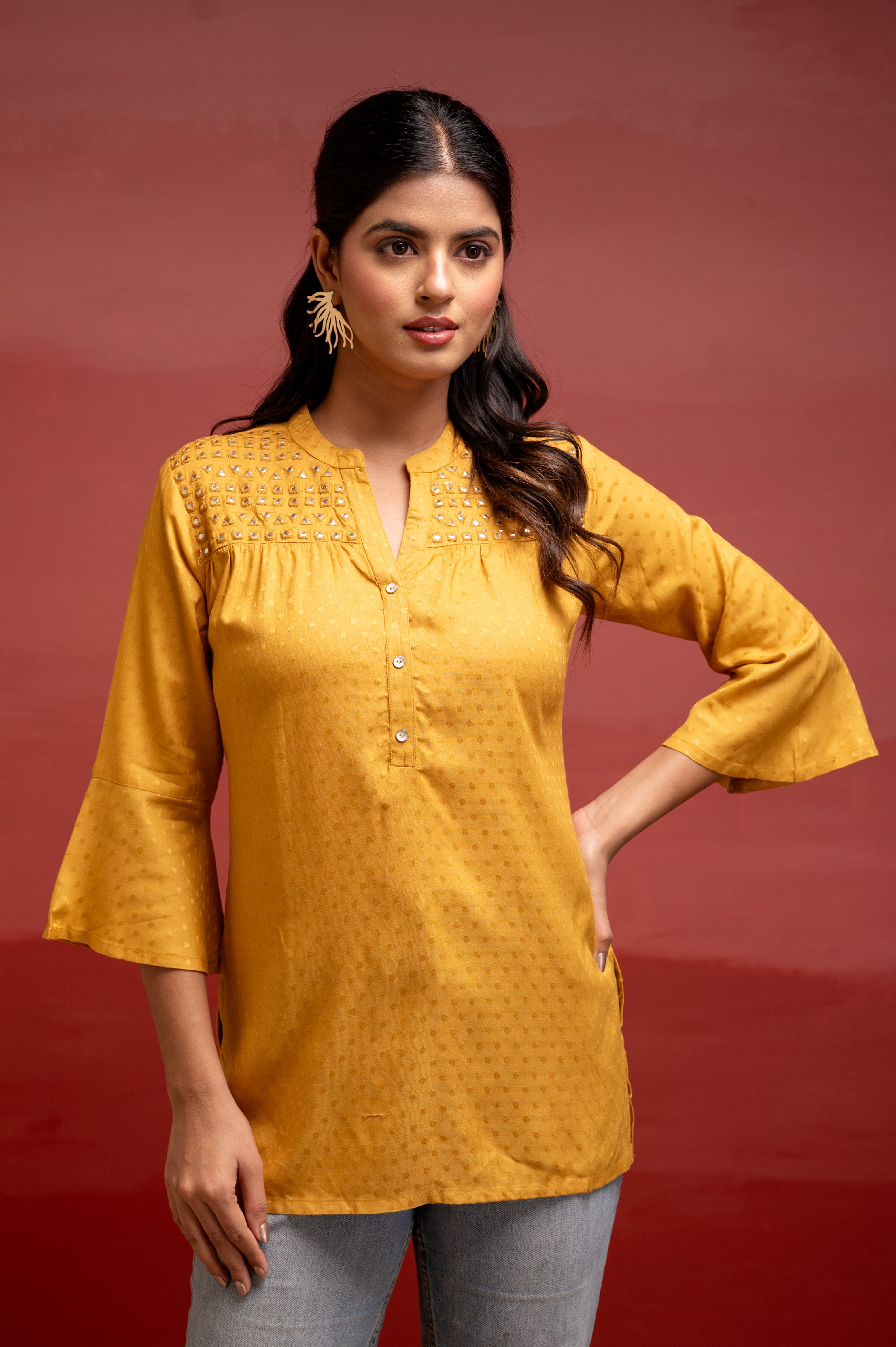 Mustard Polka Dot Viscose Tunic with Thread Work, Mirror & Button Detailing