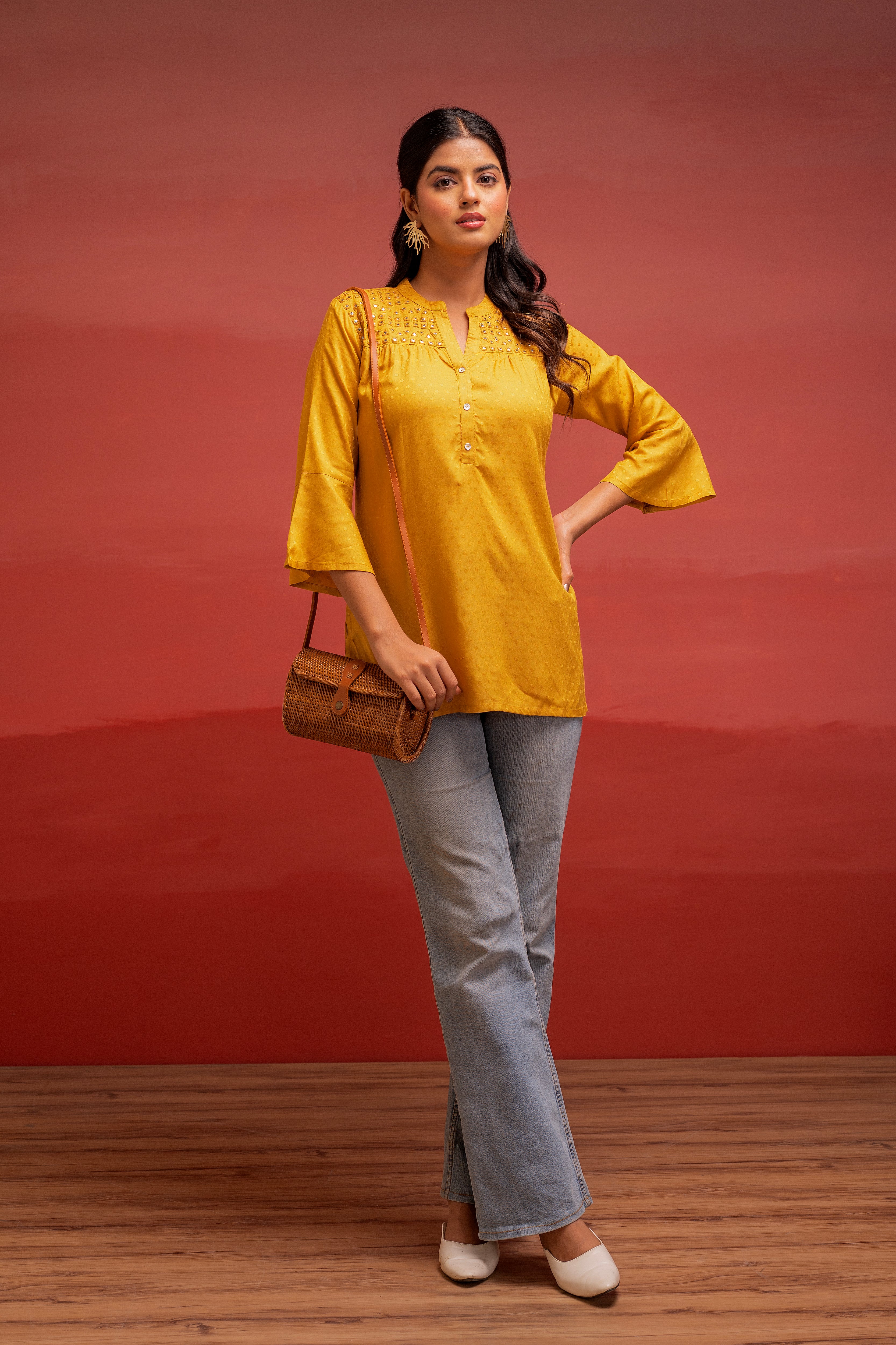 Mustard Polka Dot Viscose Tunic with Thread Work, Mirror & Button Detailing