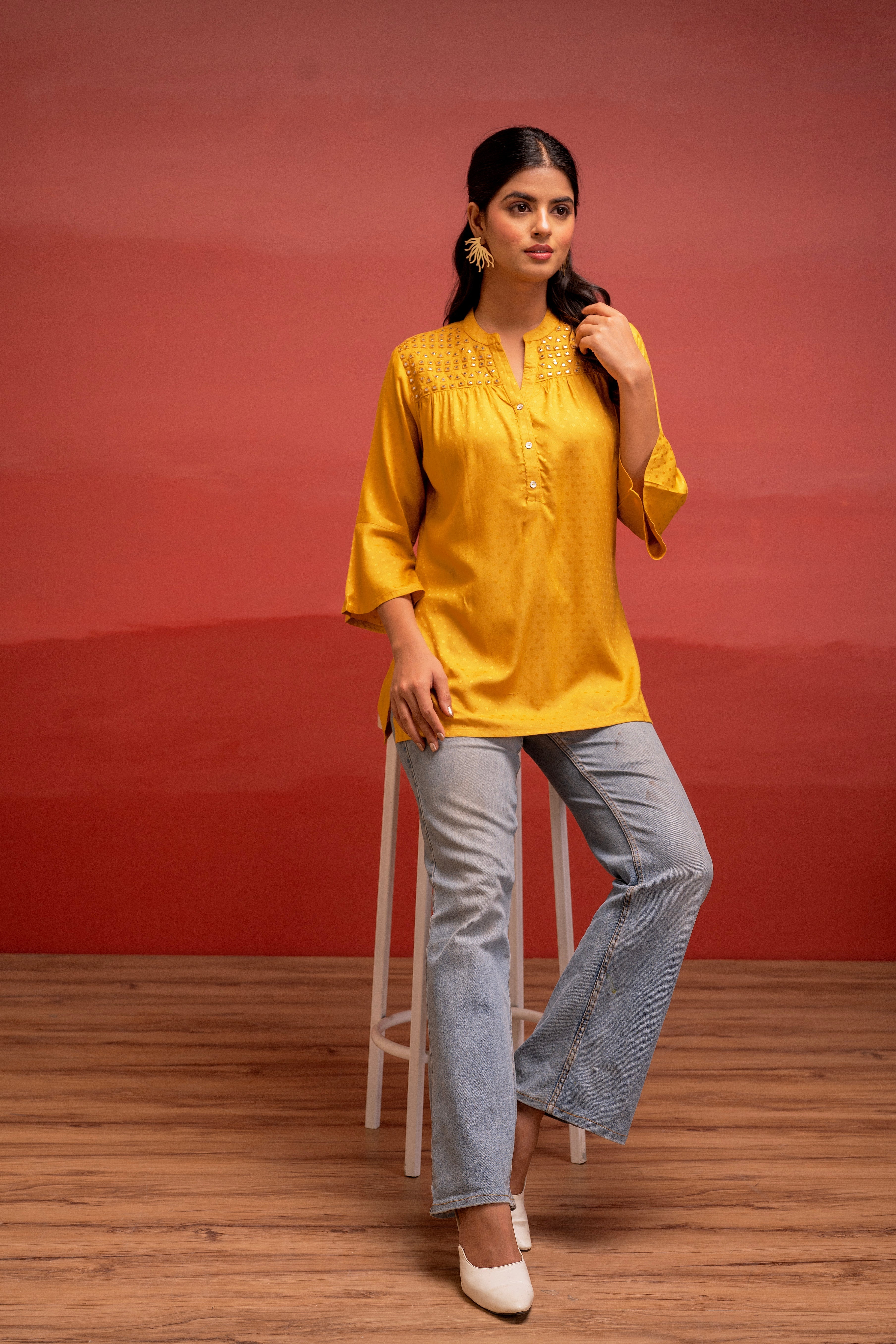 Mustard Polka Dot Viscose Tunic with Thread Work, Mirror & Button Detailing
