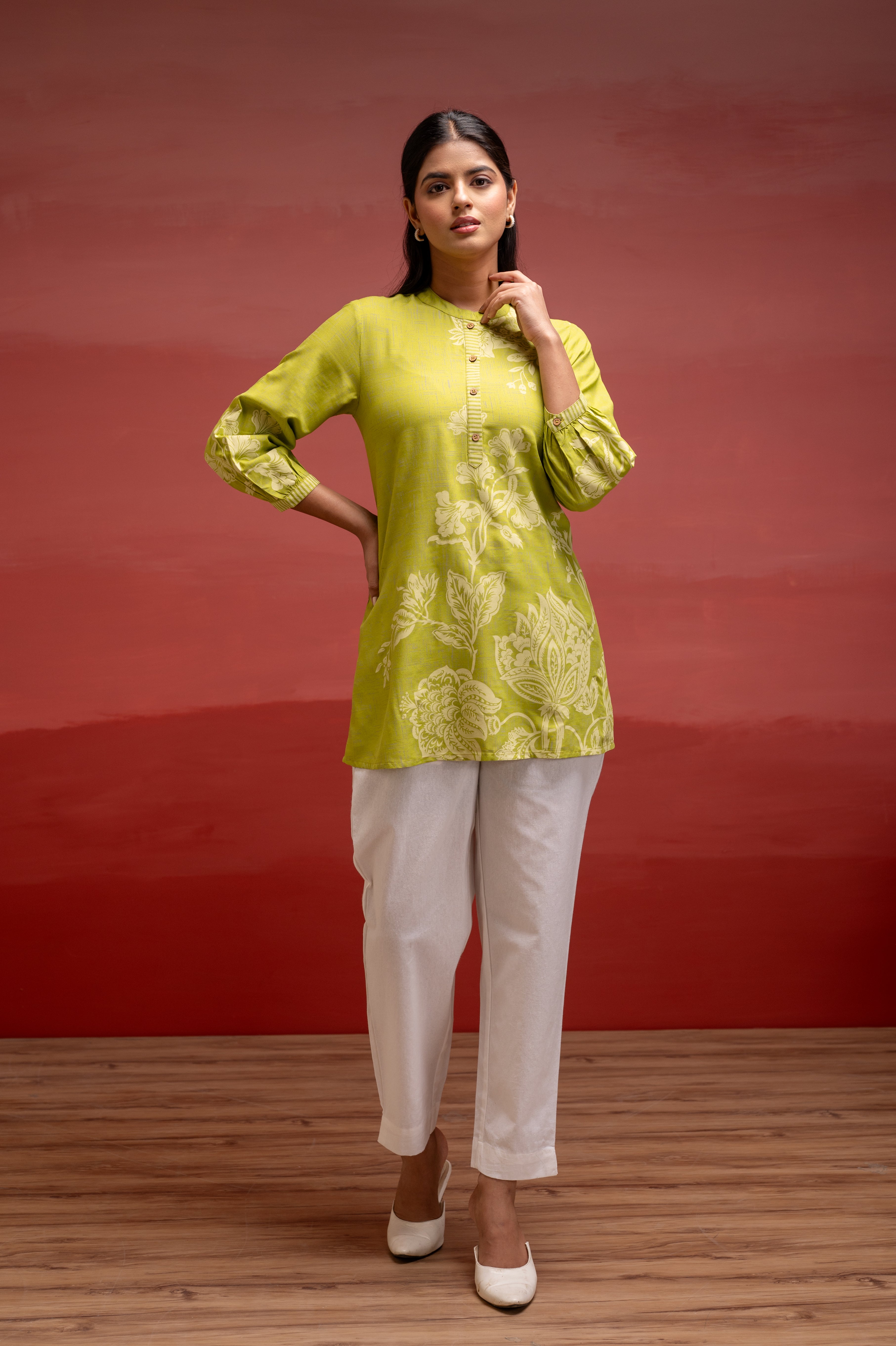 Lime Floral Printed Viscose Tunic with Button Detailing