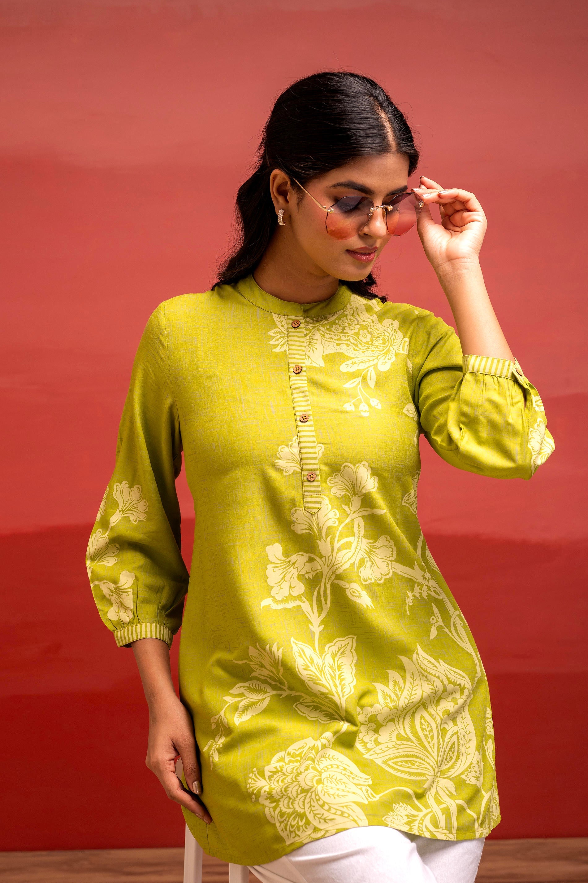 Lime Floral Printed Viscose Tunic with Button Detailing