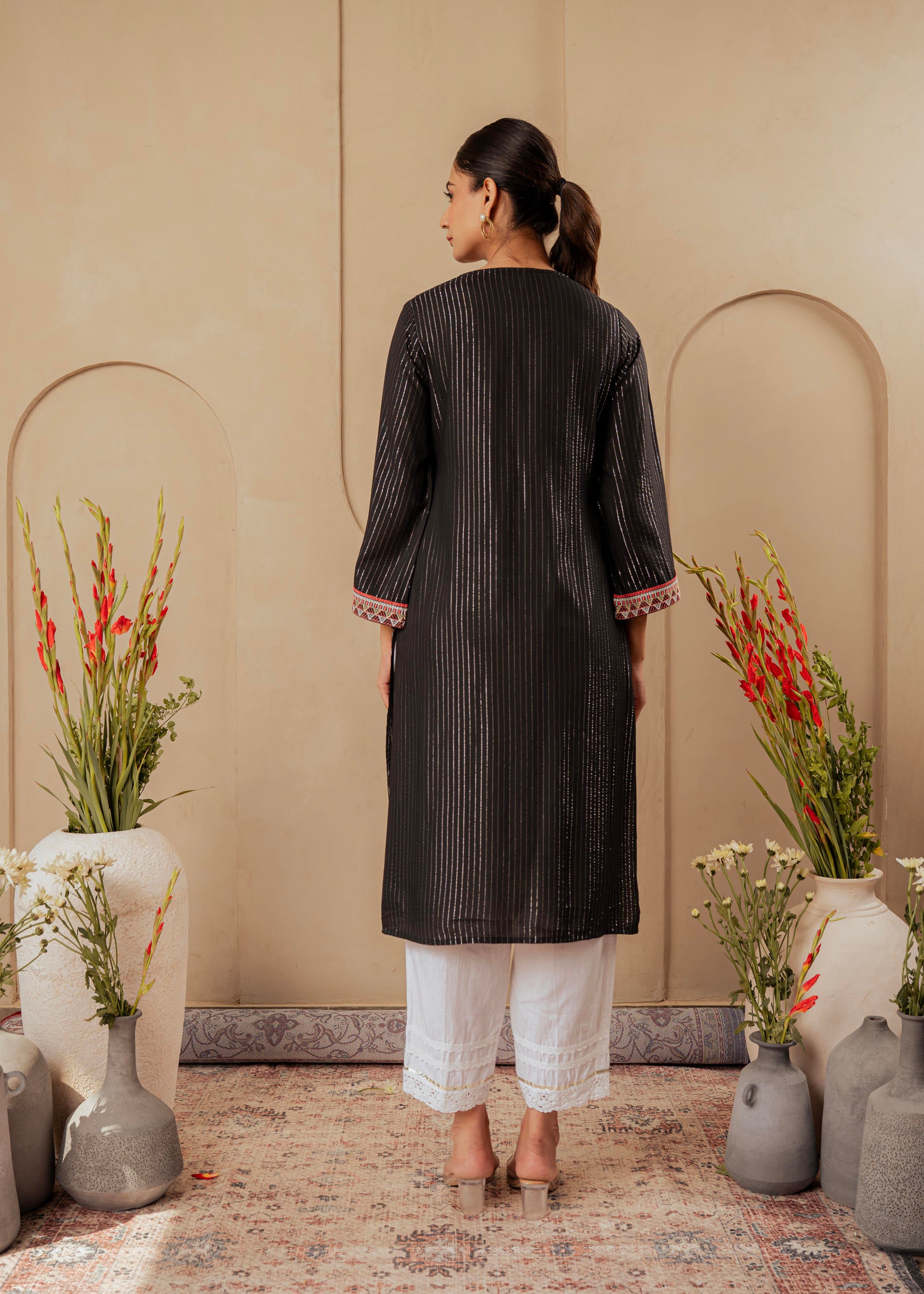 Black Striped Viscose Kurta with Embroidered Thread Work and Mirror Detailing