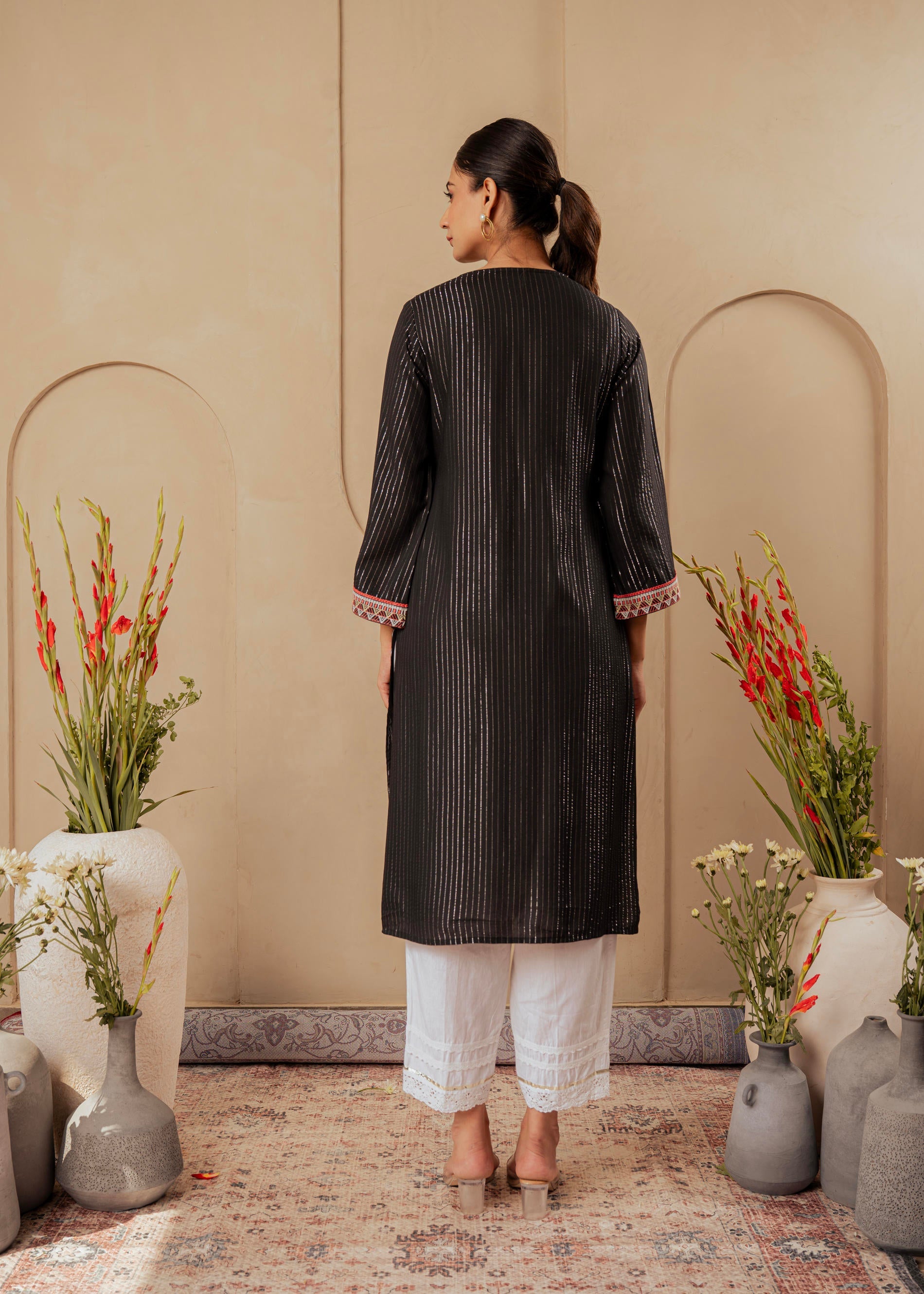 Black Striped Viscose Kurta with Embroidered Thread Work and Mirror Detailing