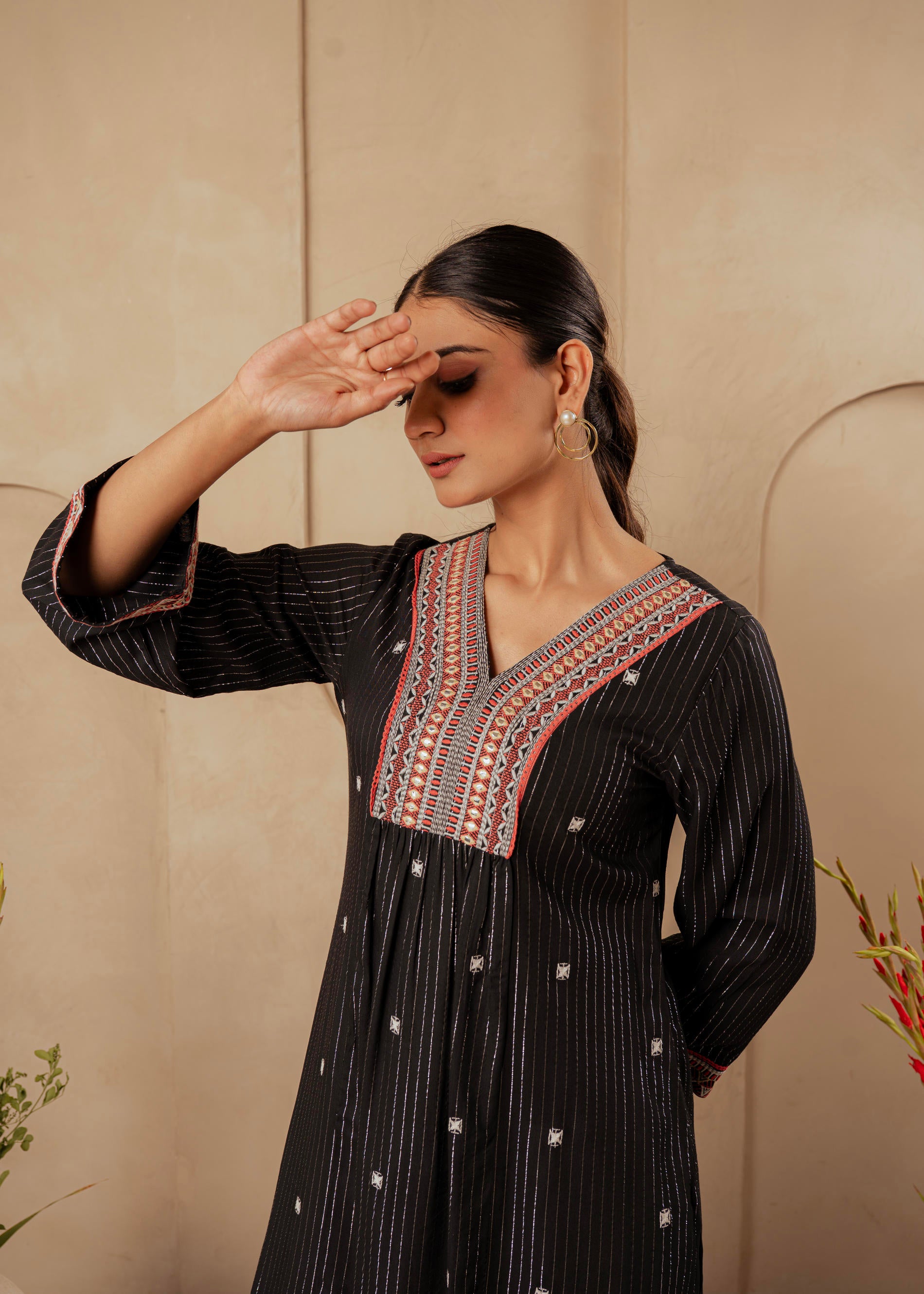 Black Striped Viscose Kurta with Embroidered Thread Work and Mirror Detailing