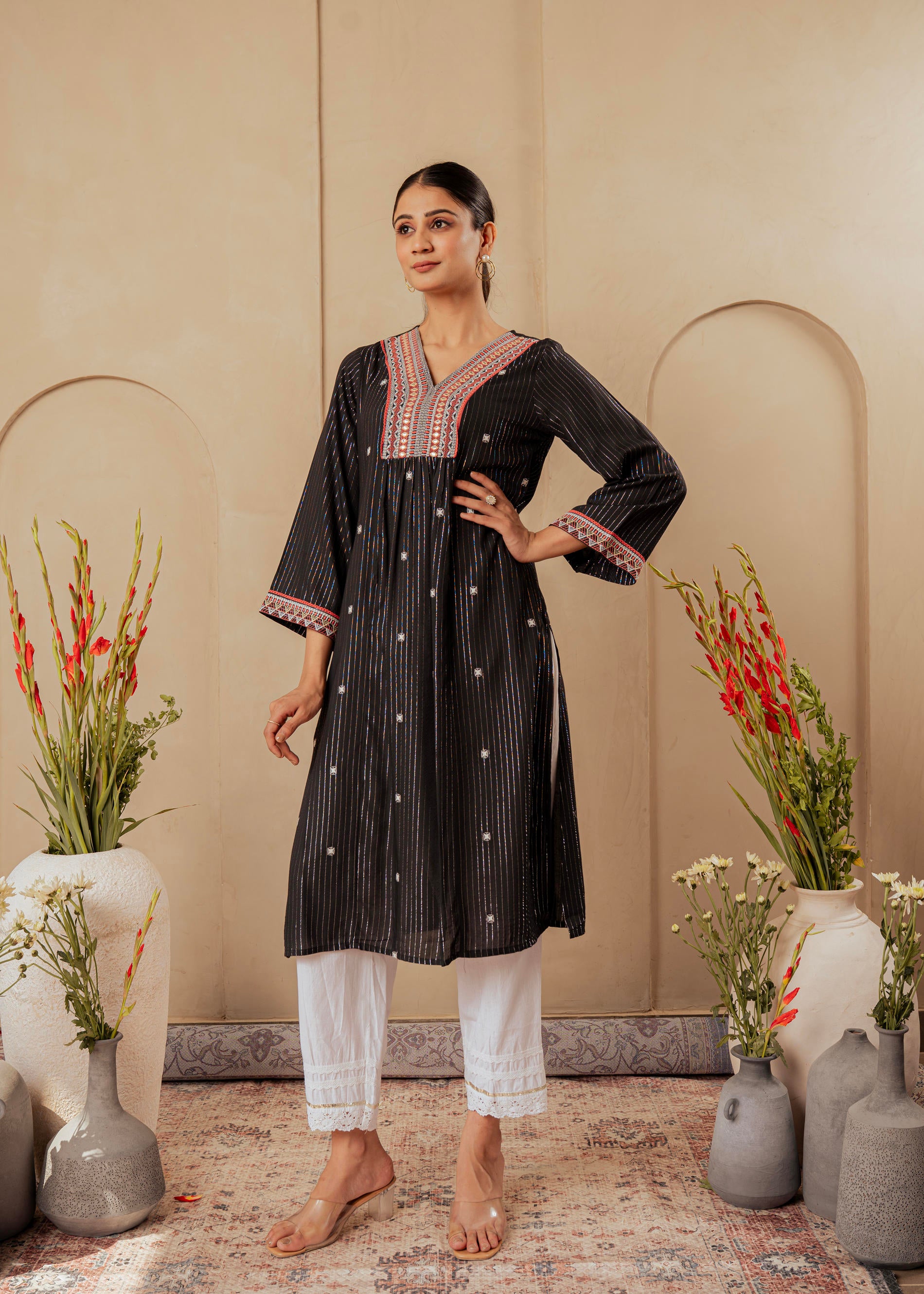 Black Striped Viscose Kurta with Embroidered Thread Work and Mirror Detailing