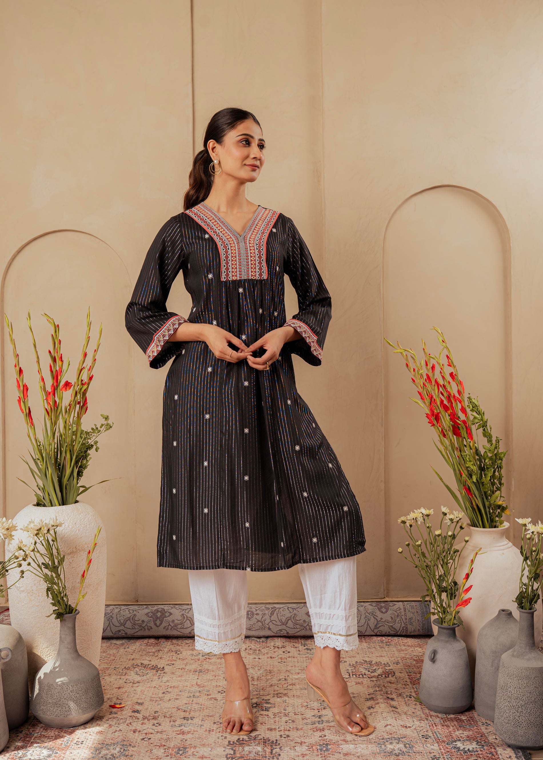 Black Striped Viscose Kurta with Embroidered Thread Work and Mirror Detailing