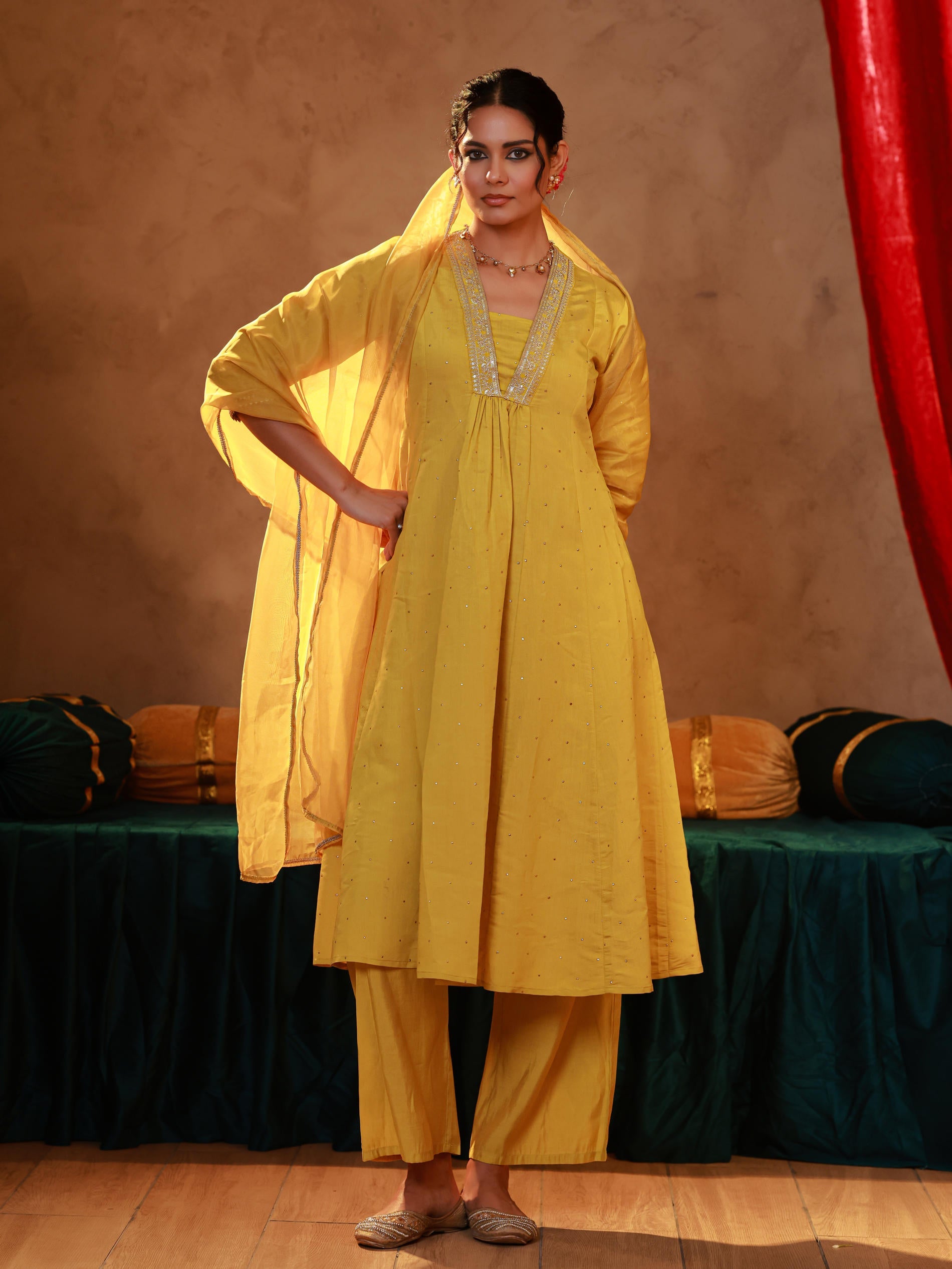 Yellow Viscose Flared Kurta Pant And Dupatta Set with Zari, Sequin & Lace Work