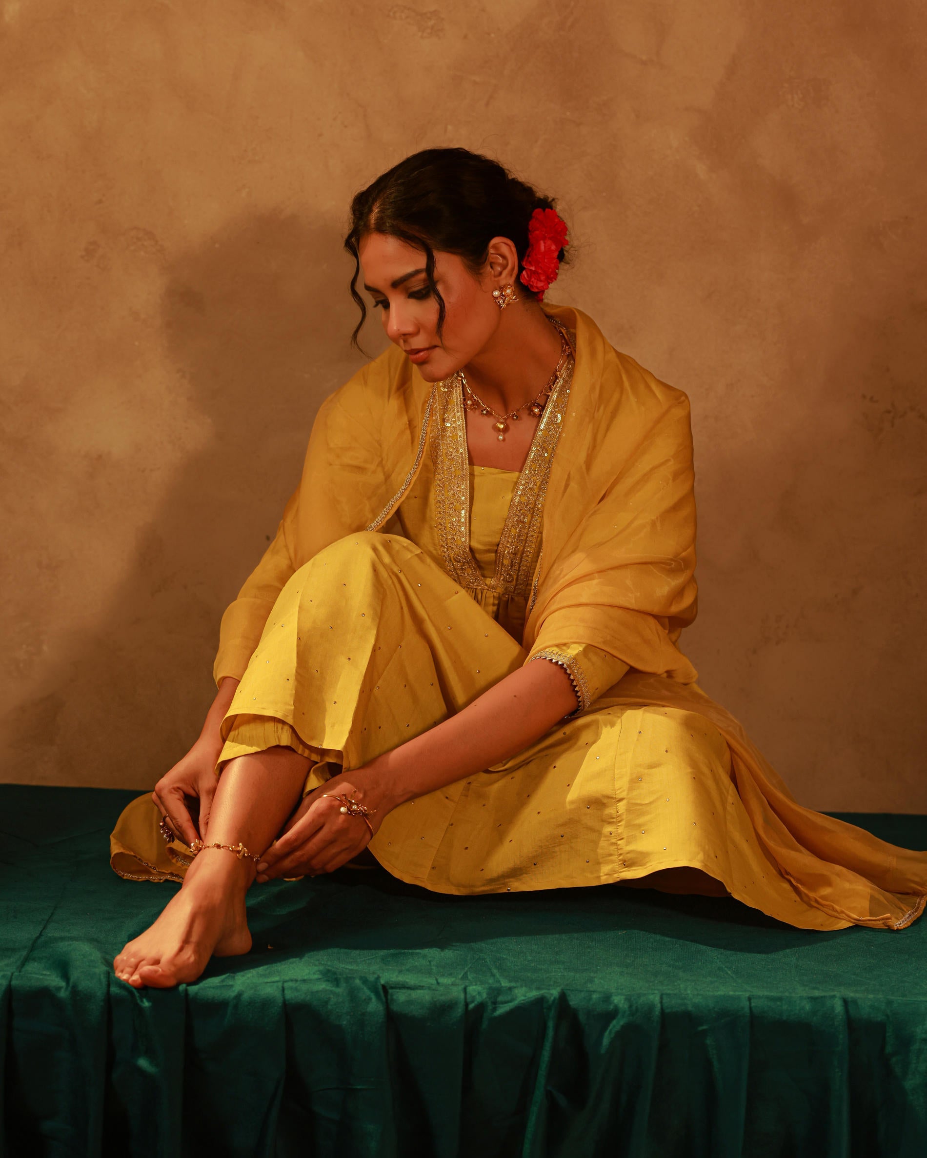 Yellow Viscose Flared Kurta Pant And Dupatta Set with Zari, Sequin & Lace Work