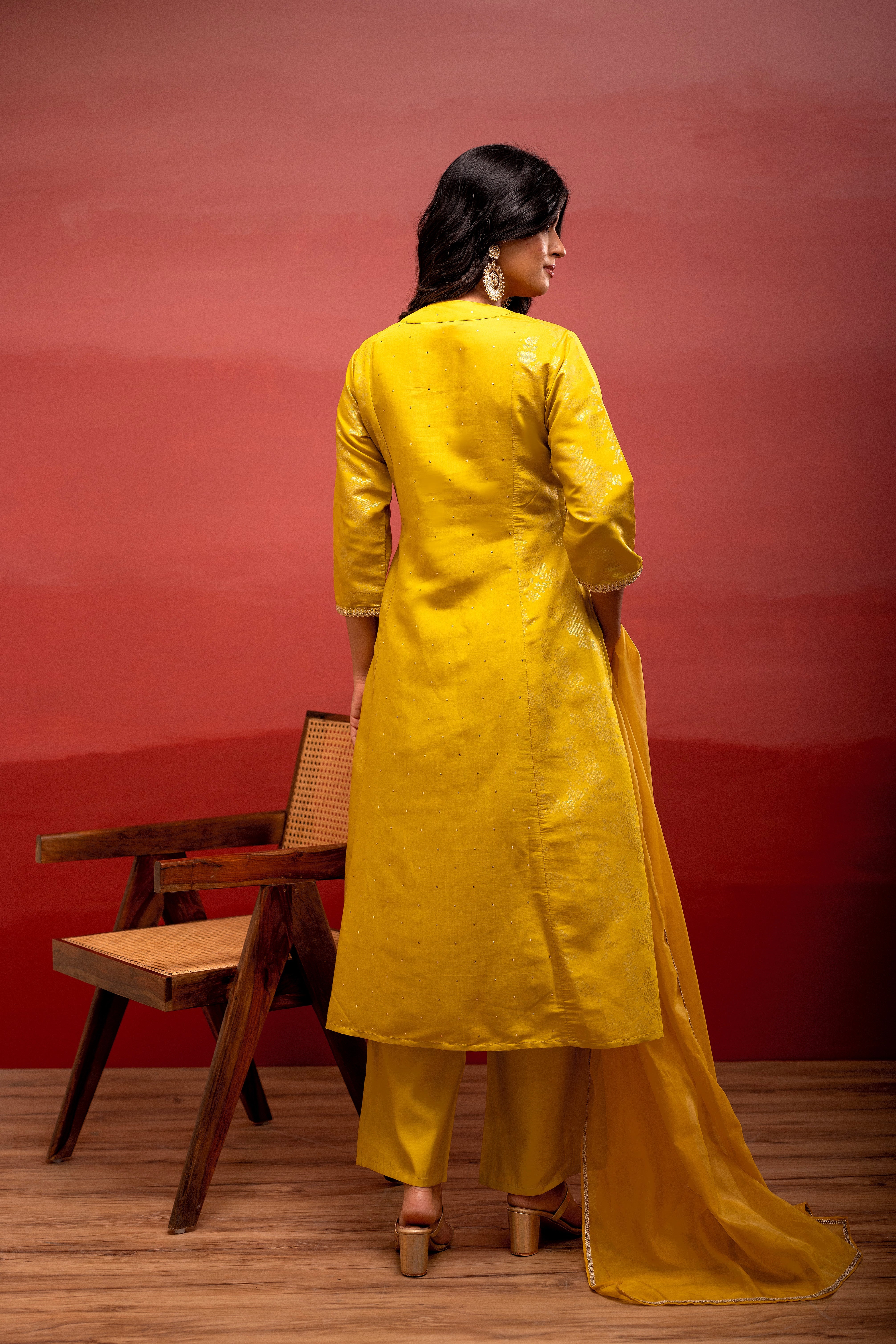 Yellow Viscose Flared Kurta Pant And Dupatta Set with Zari, Sequin & Lace Work