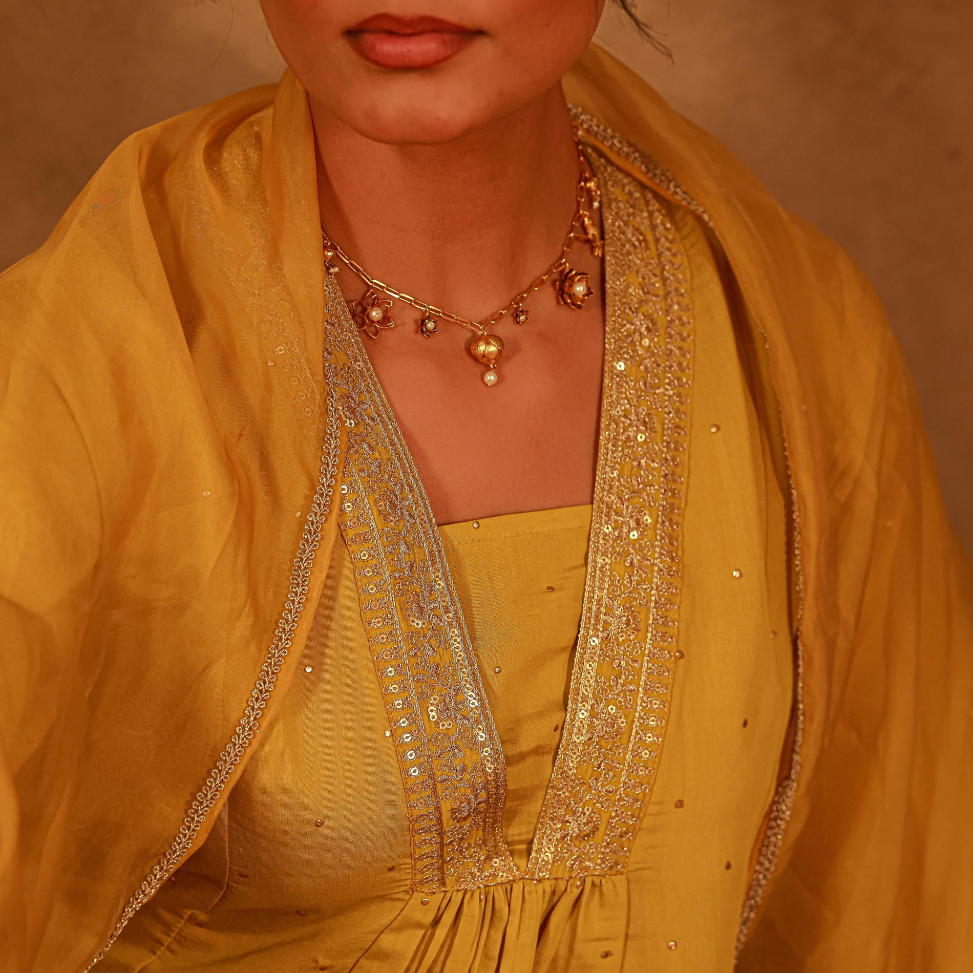 Yellow Viscose Flared Kurta Pant And Dupatta Set with Zari, Sequin & Lace Work