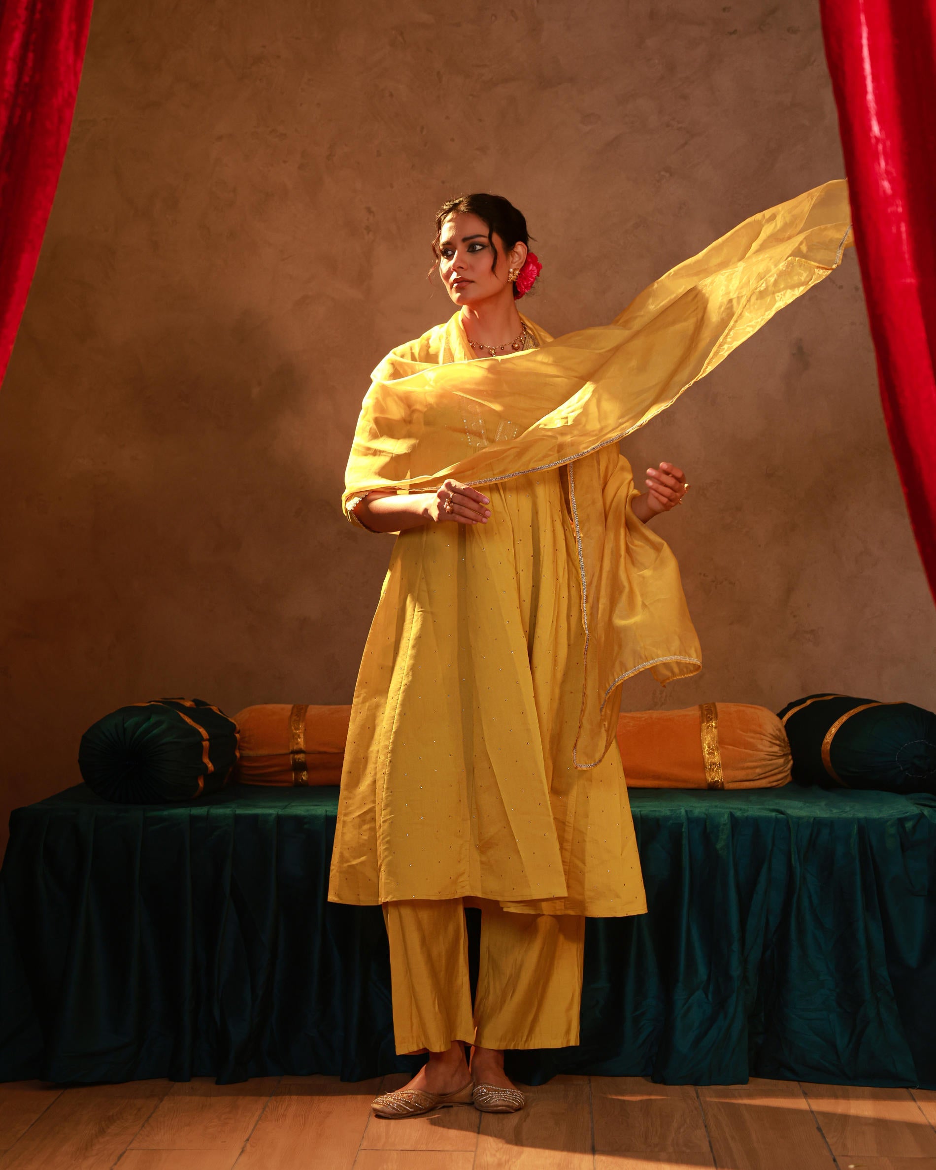 Yellow Viscose Flared Kurta Pant And Dupatta Set with Zari, Sequin & Lace Work