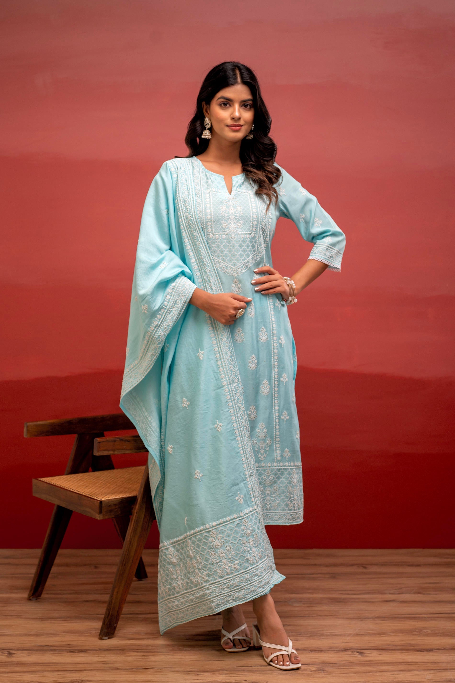 Skyblue Solid Viscose Kurta, Pant & Dupatta Set with Thread Work, Beads & Sequence