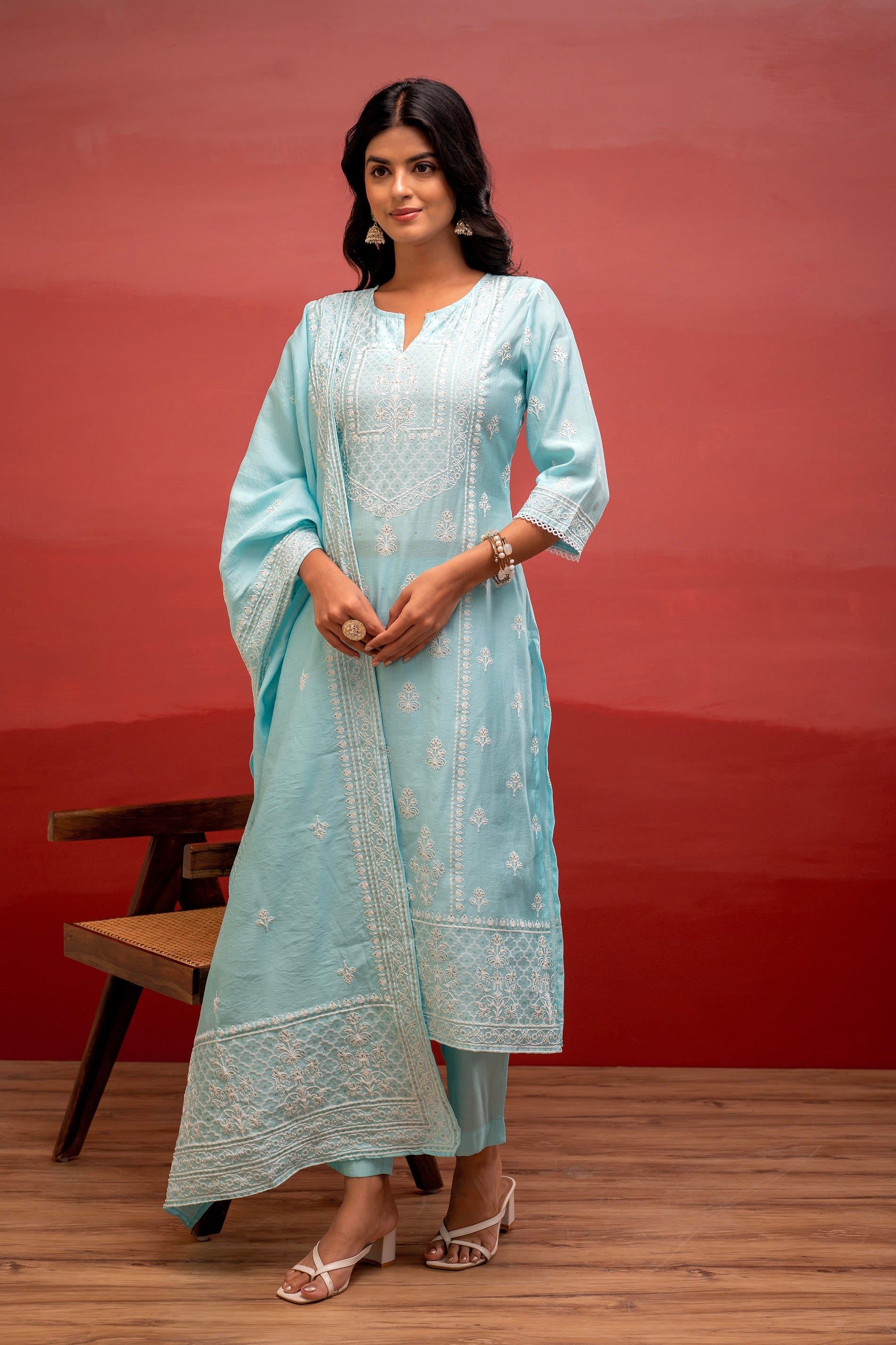 Skyblue Solid Viscose Kurta, Pant & Dupatta Set with Thread Work, Beads & Sequence