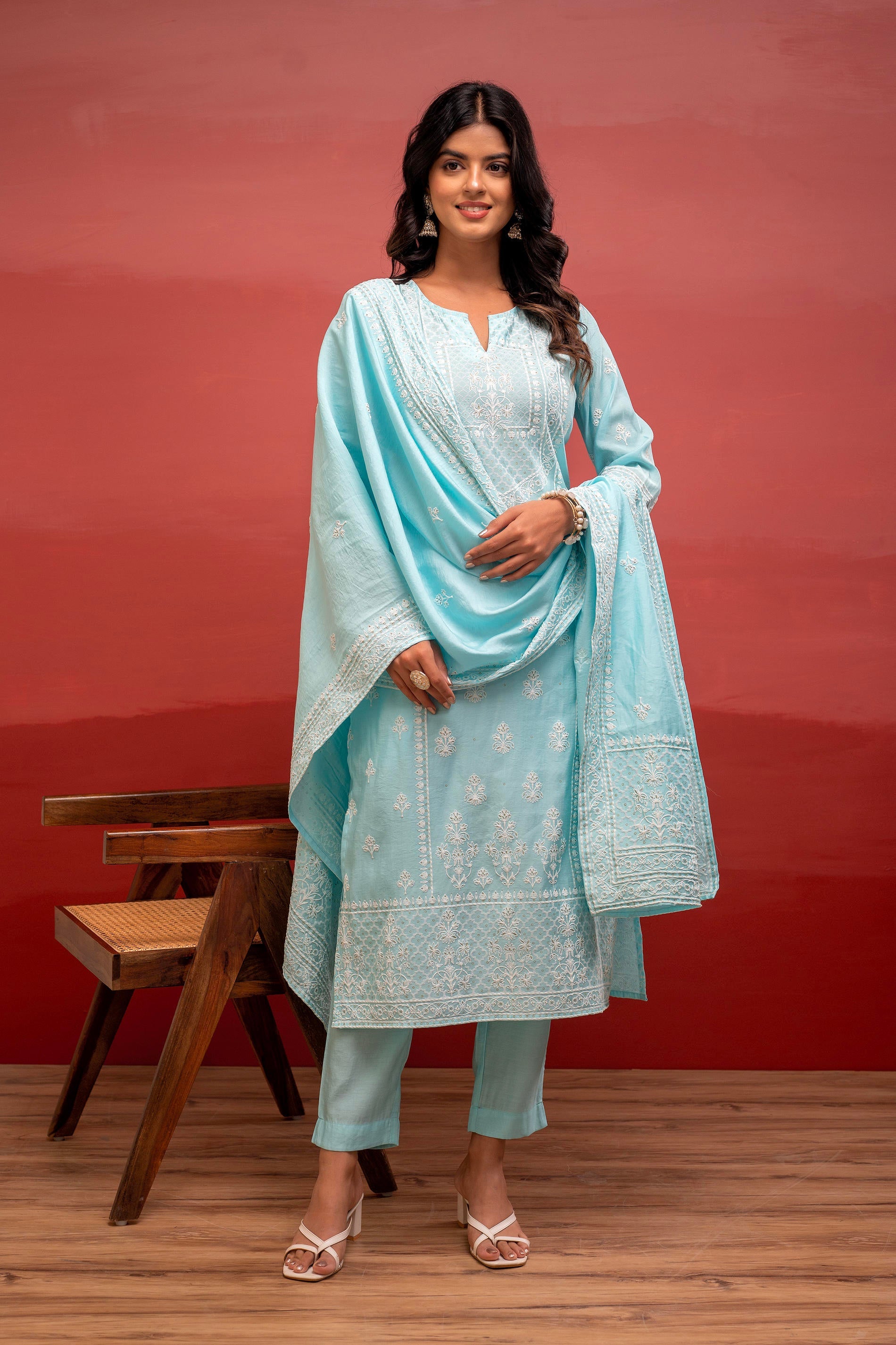 Skyblue Solid Viscose Kurta, Pant & Dupatta Set with Thread Work, Beads & Sequence