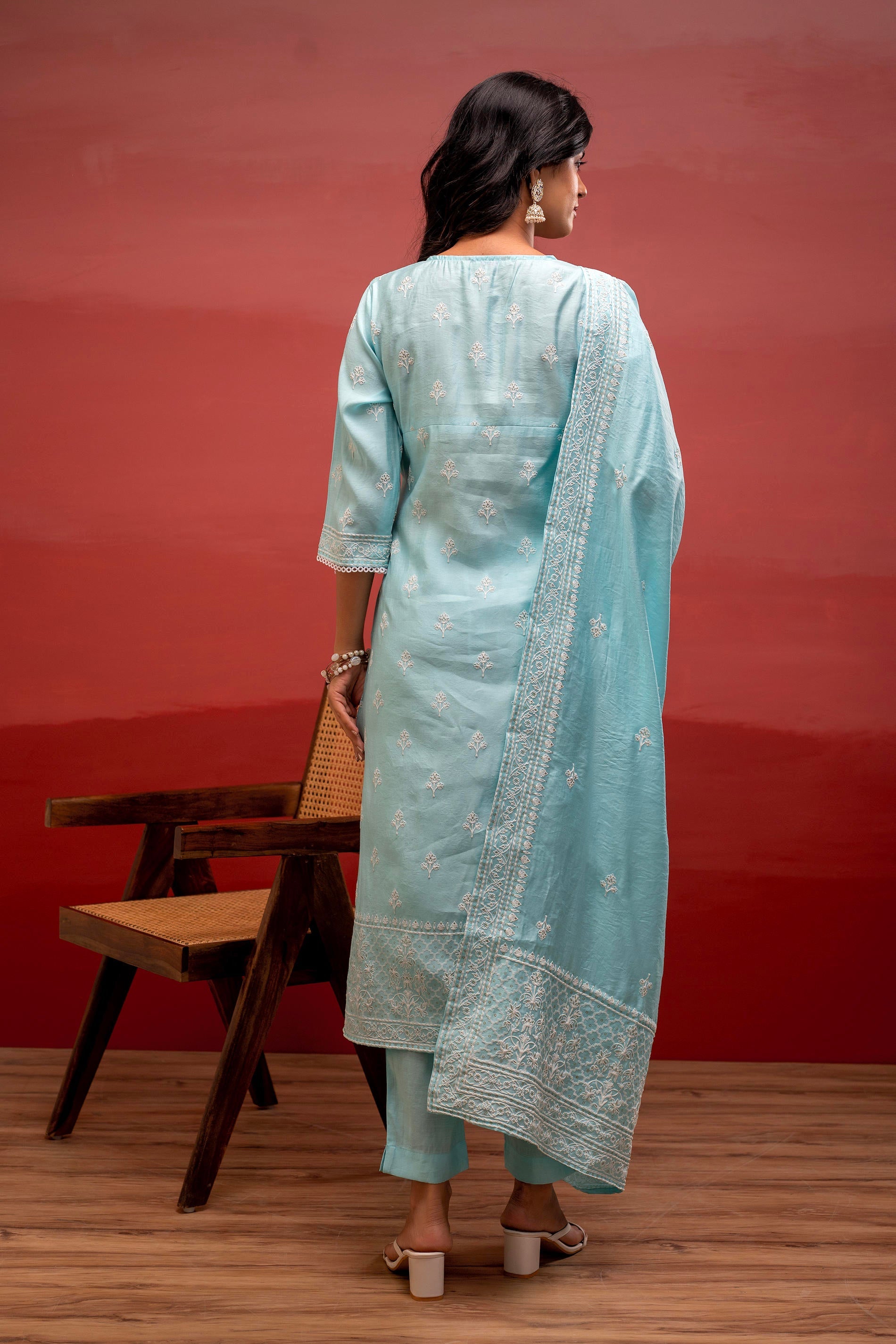 Skyblue Solid Viscose Kurta, Pant & Dupatta Set with Thread Work, Beads & Sequence
