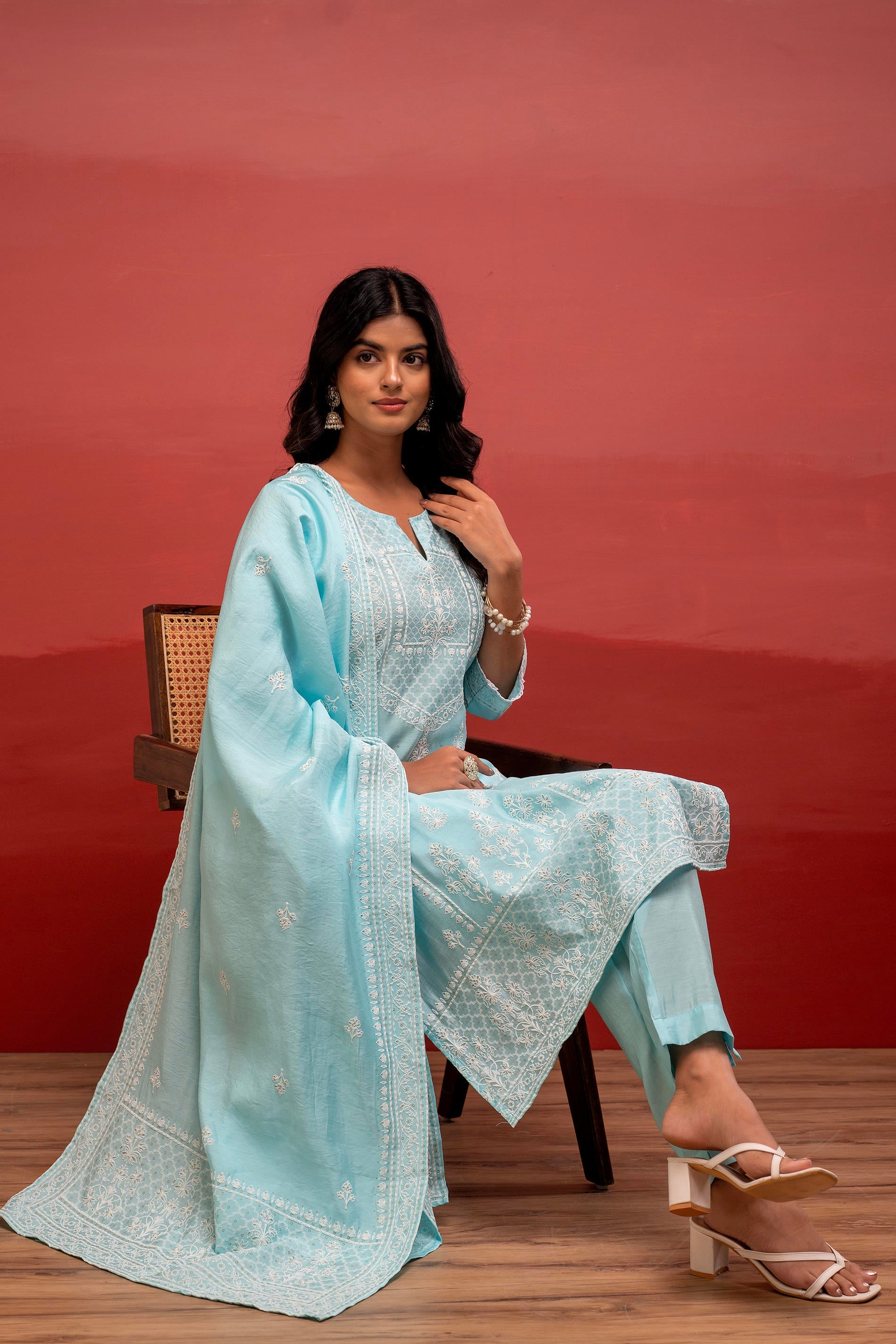 Skyblue Solid Viscose Kurta, Pant & Dupatta Set with Thread Work, Beads & Sequence