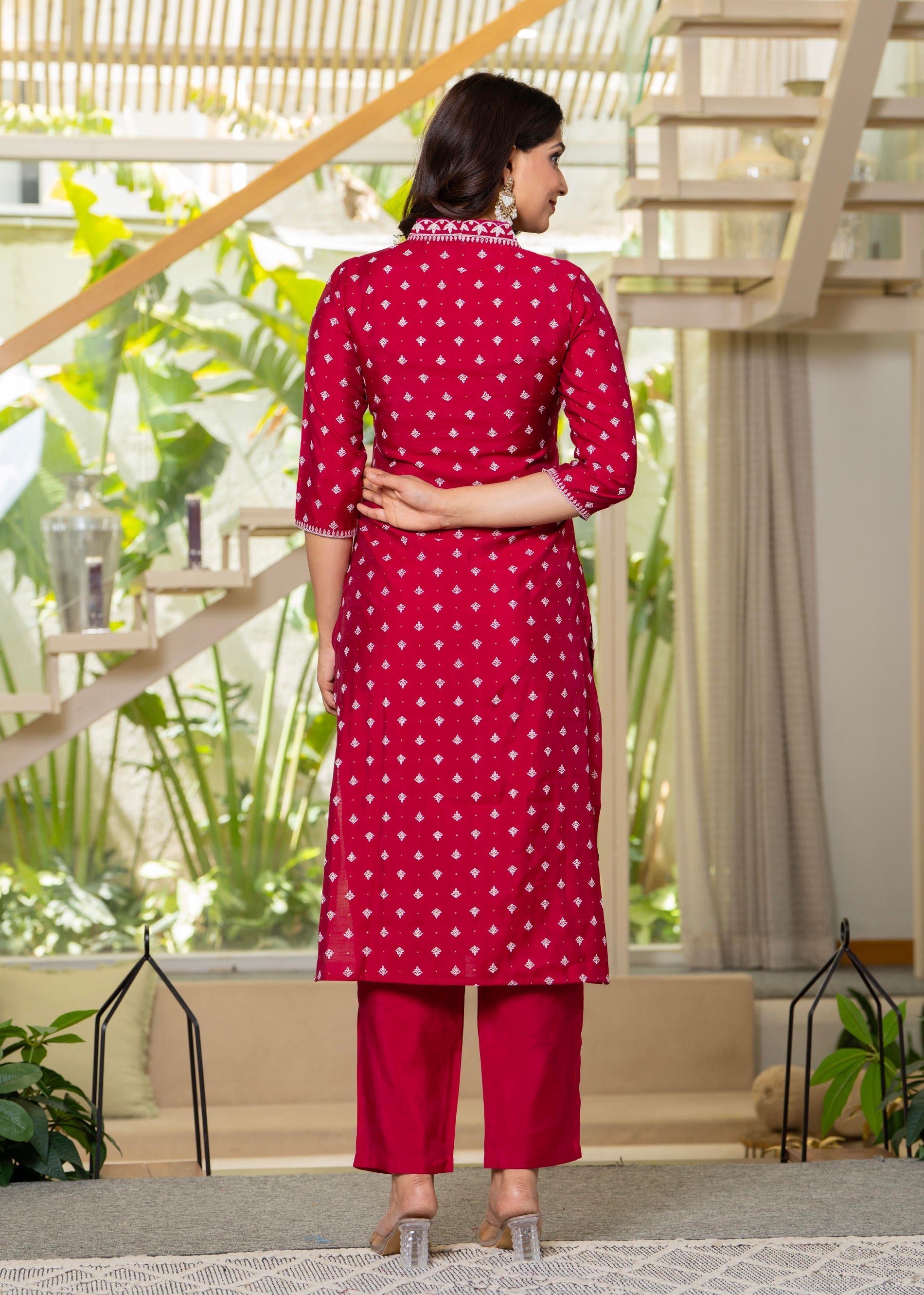Fuchsia Solid Man Made Fiber Kurta, Pant & Dupatta Set with Thread Work