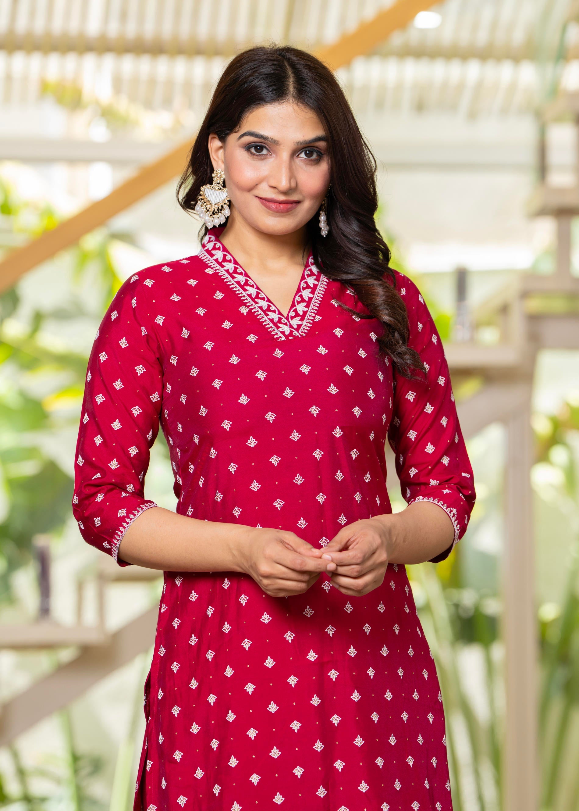 Fuchsia Solid Man Made Fiber Kurta, Pant & Dupatta Set with Thread Work