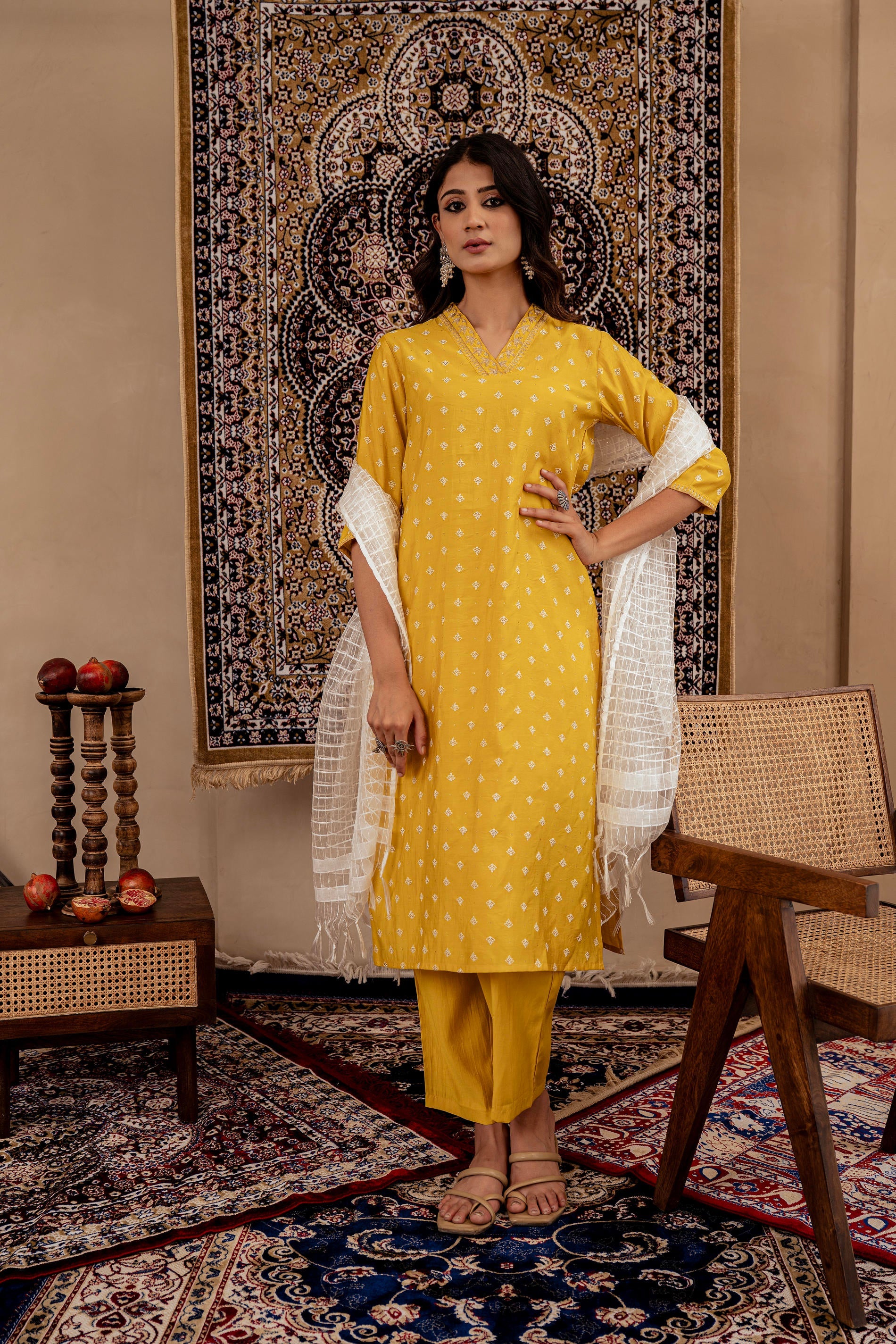 Mustard Solid Man Made Fiber Kurta, Pant & Dupatta Set with Thread Work