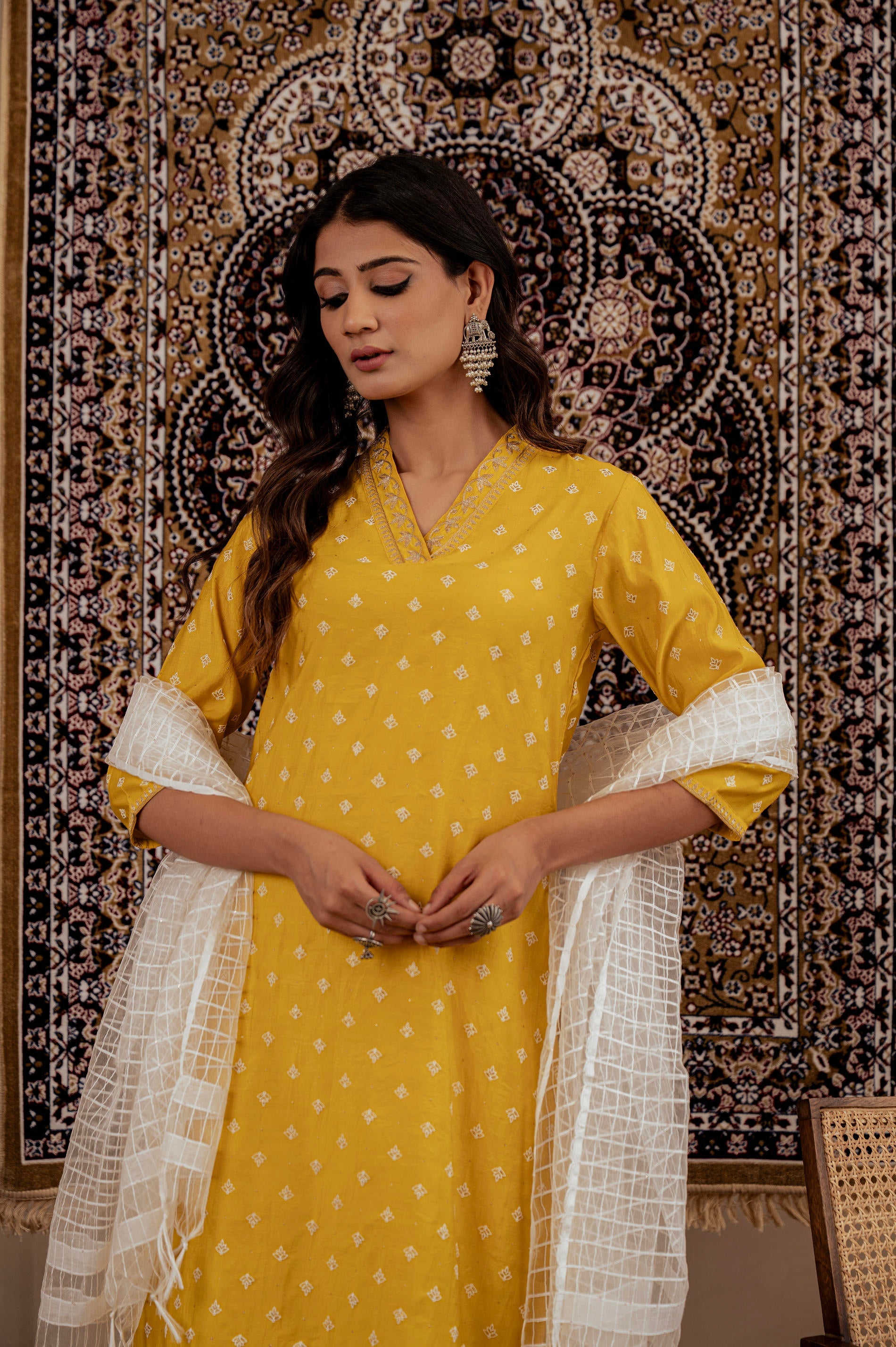 Mustard Solid Man Made Fiber Kurta, Pant & Dupatta Set with Thread Work