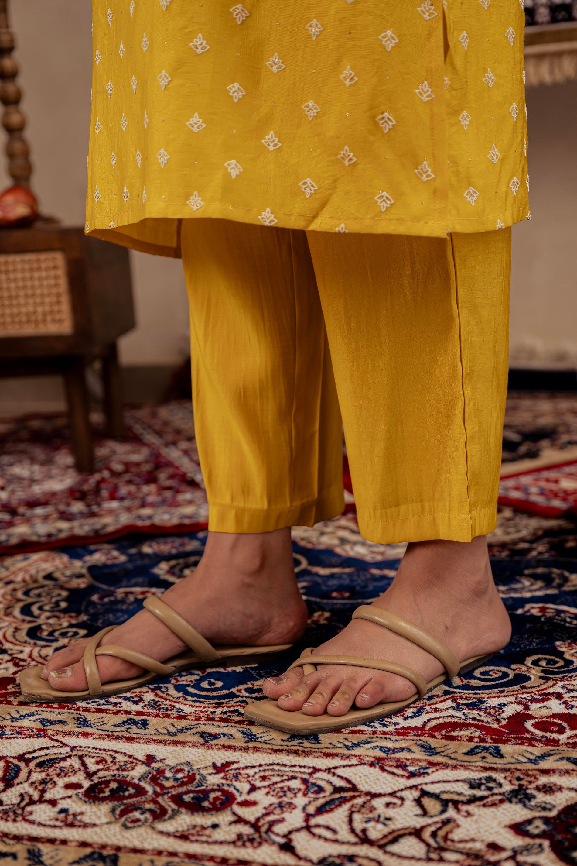 Mustard Solid Man Made Fiber Kurta, Pant & Dupatta Set with Thread Work