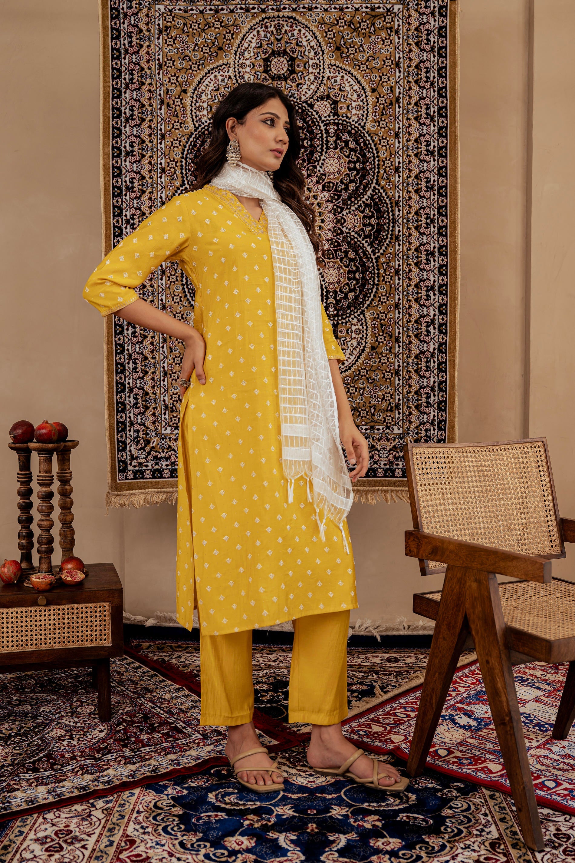 Mustard Solid Man Made Fiber Kurta, Pant & Dupatta Set with Thread Work