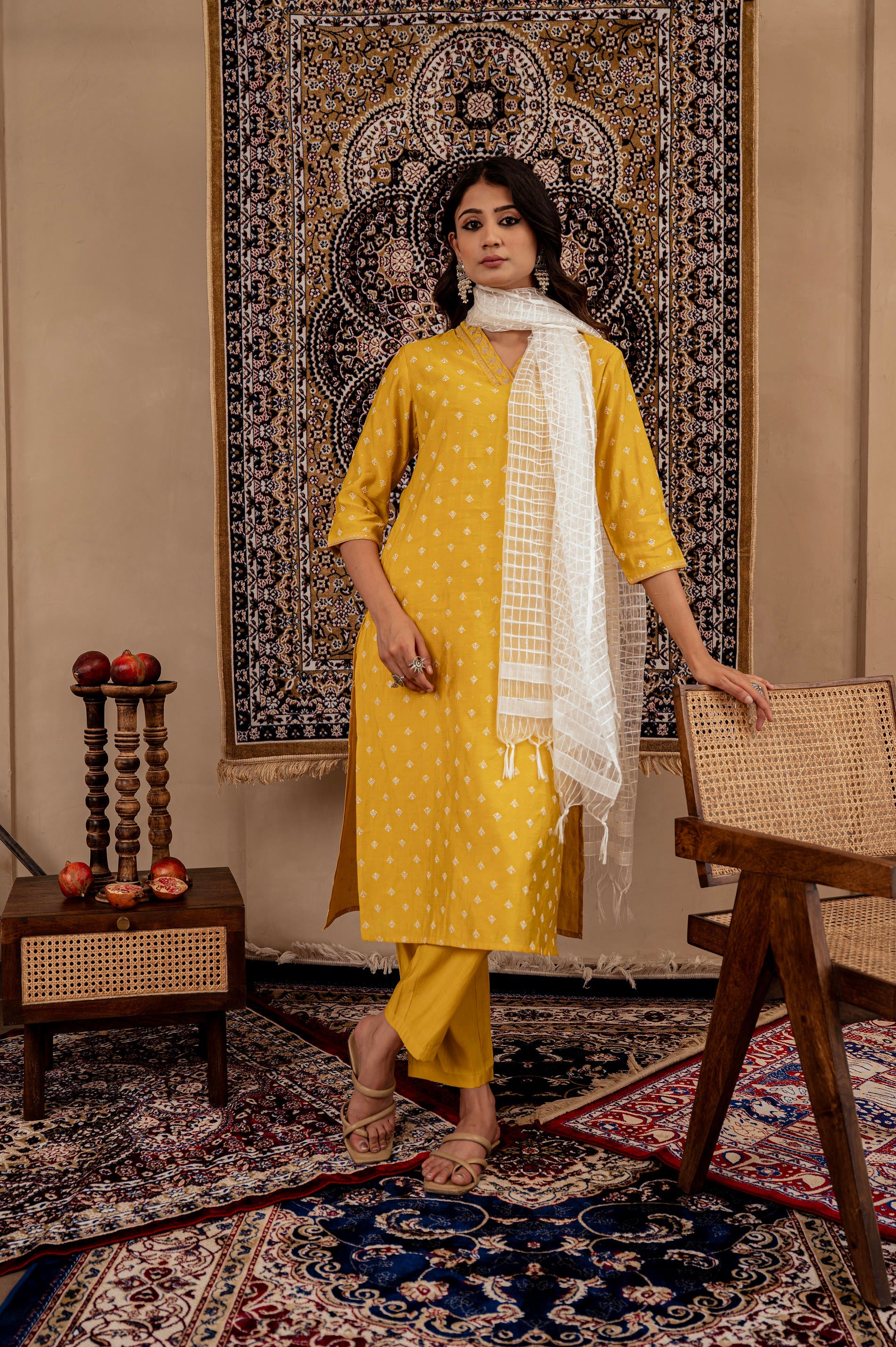 Mustard Solid Man Made Fiber Kurta, Pant & Dupatta Set with Thread Work