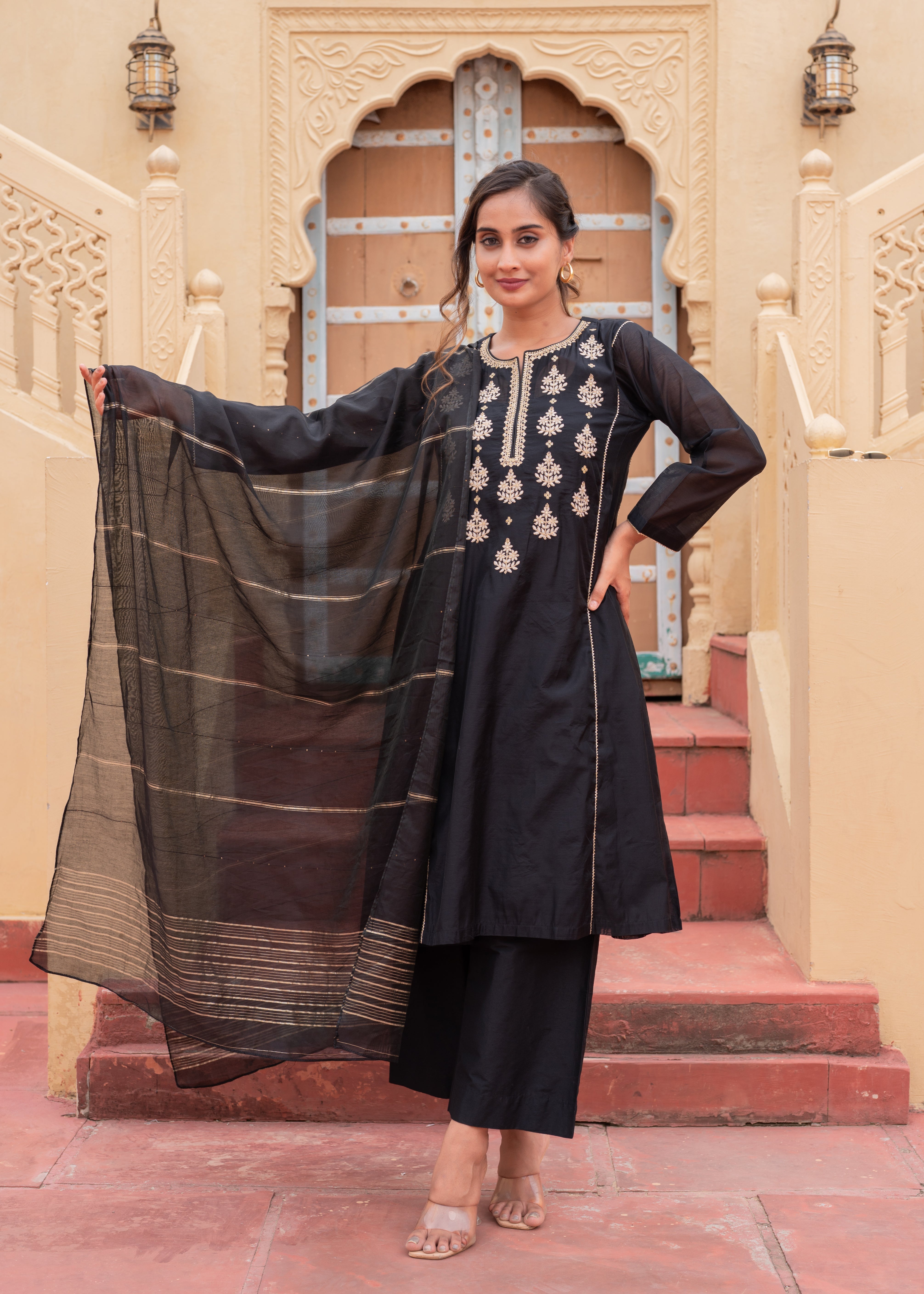 Man Made Fiber Black Embroidered Kurta Pant and Dupatta Set with Zari Work And Sequin