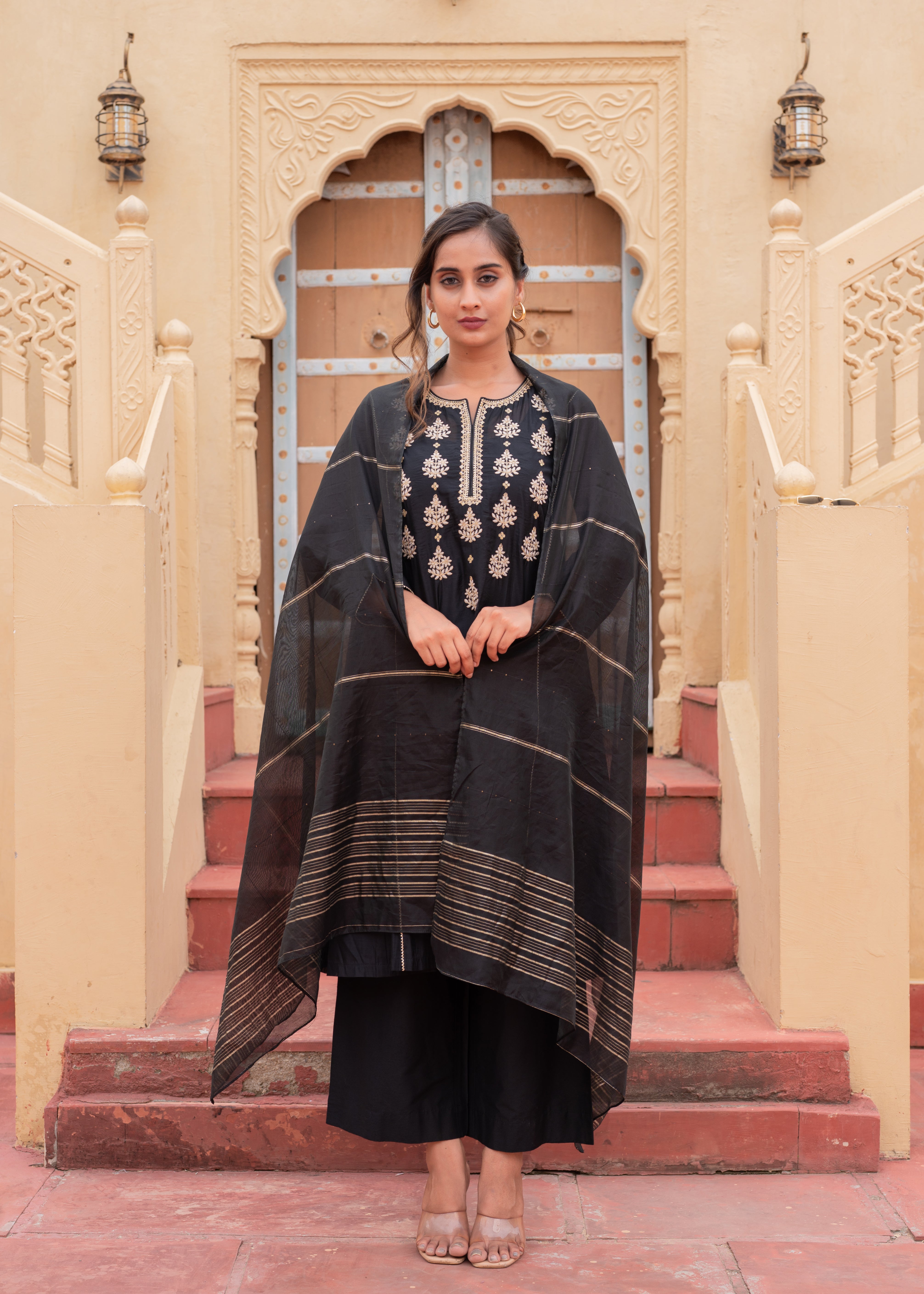Man Made Fiber Black Embroidered Kurta Pant and Dupatta Set with Zari Work And Sequin