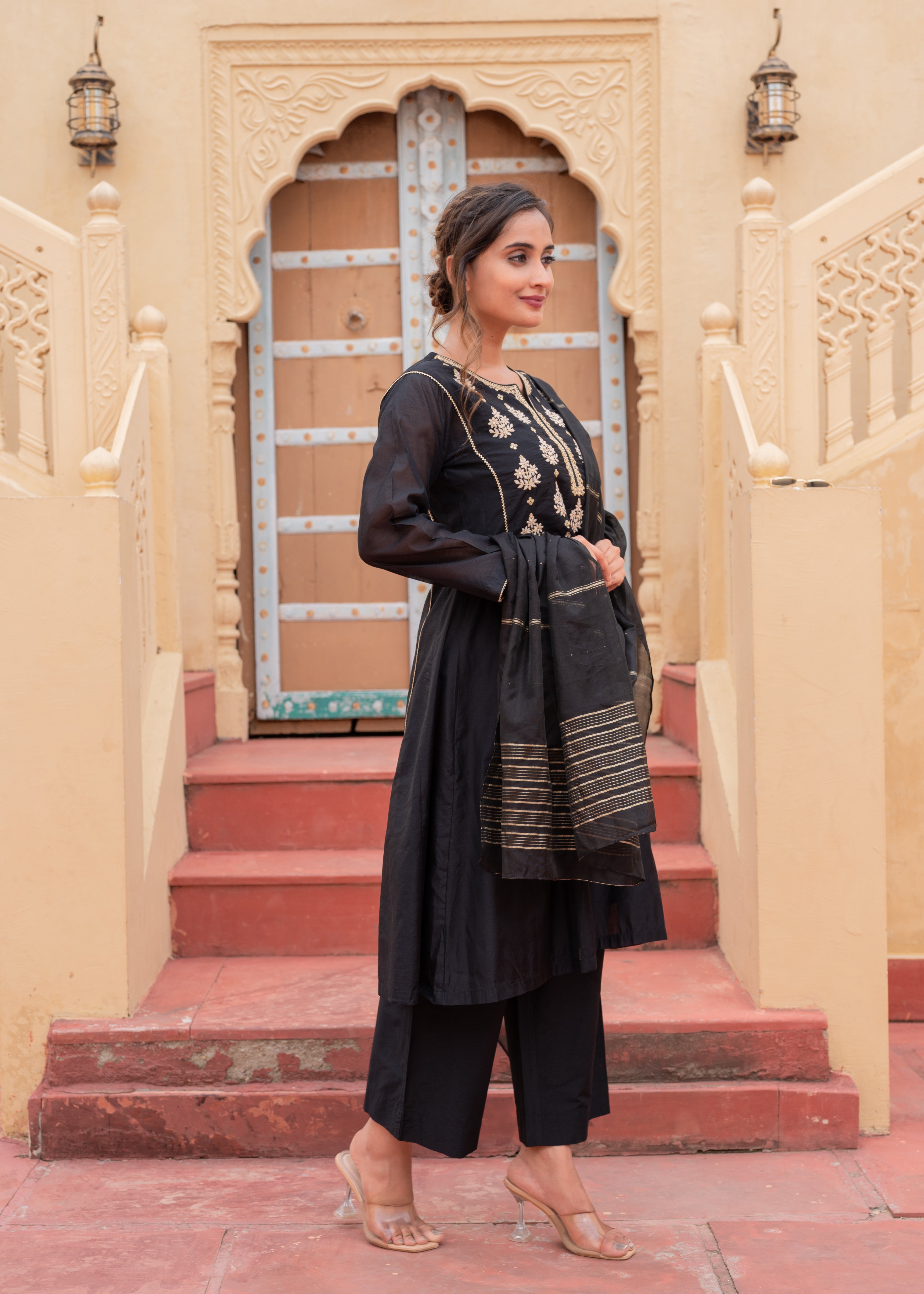 Man Made Fiber Black Embroidered Kurta Pant and Dupatta Set with Zari Work And Sequin