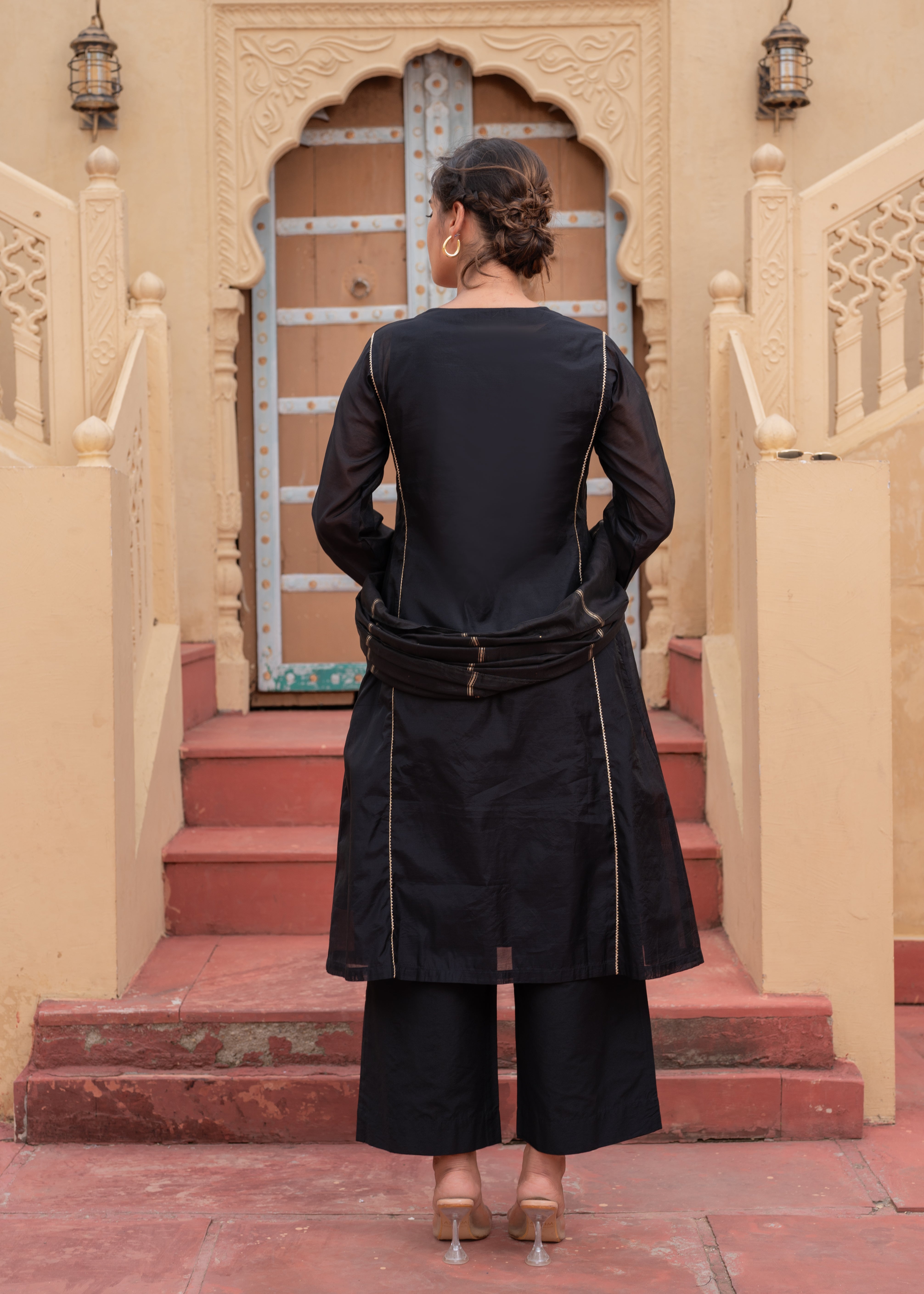 Man Made Fiber Black Embroidered Kurta Pant and Dupatta Set with Zari Work And Sequin