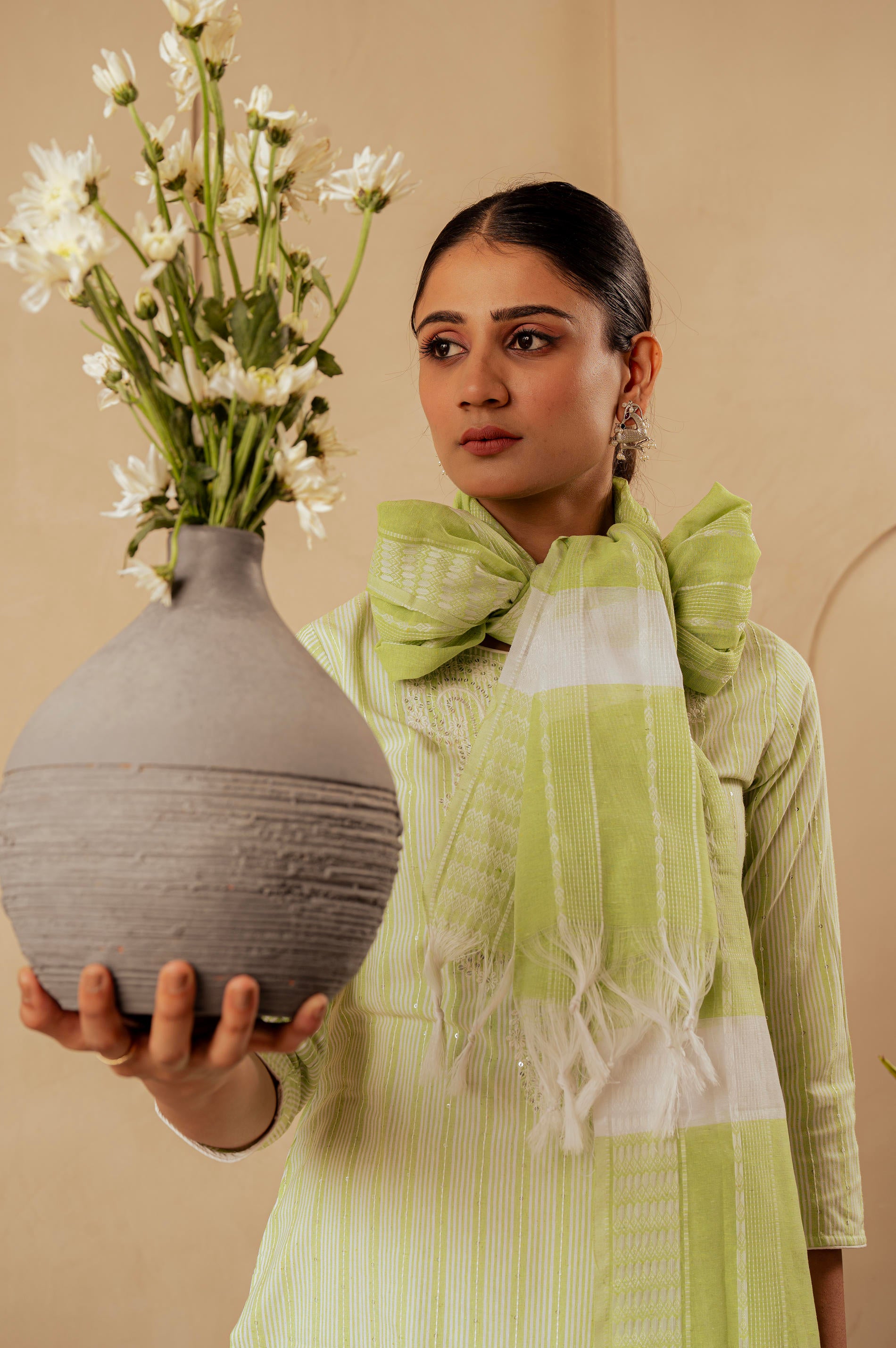 Sage Green Kurta Set with Subtle Thread Embroidery
