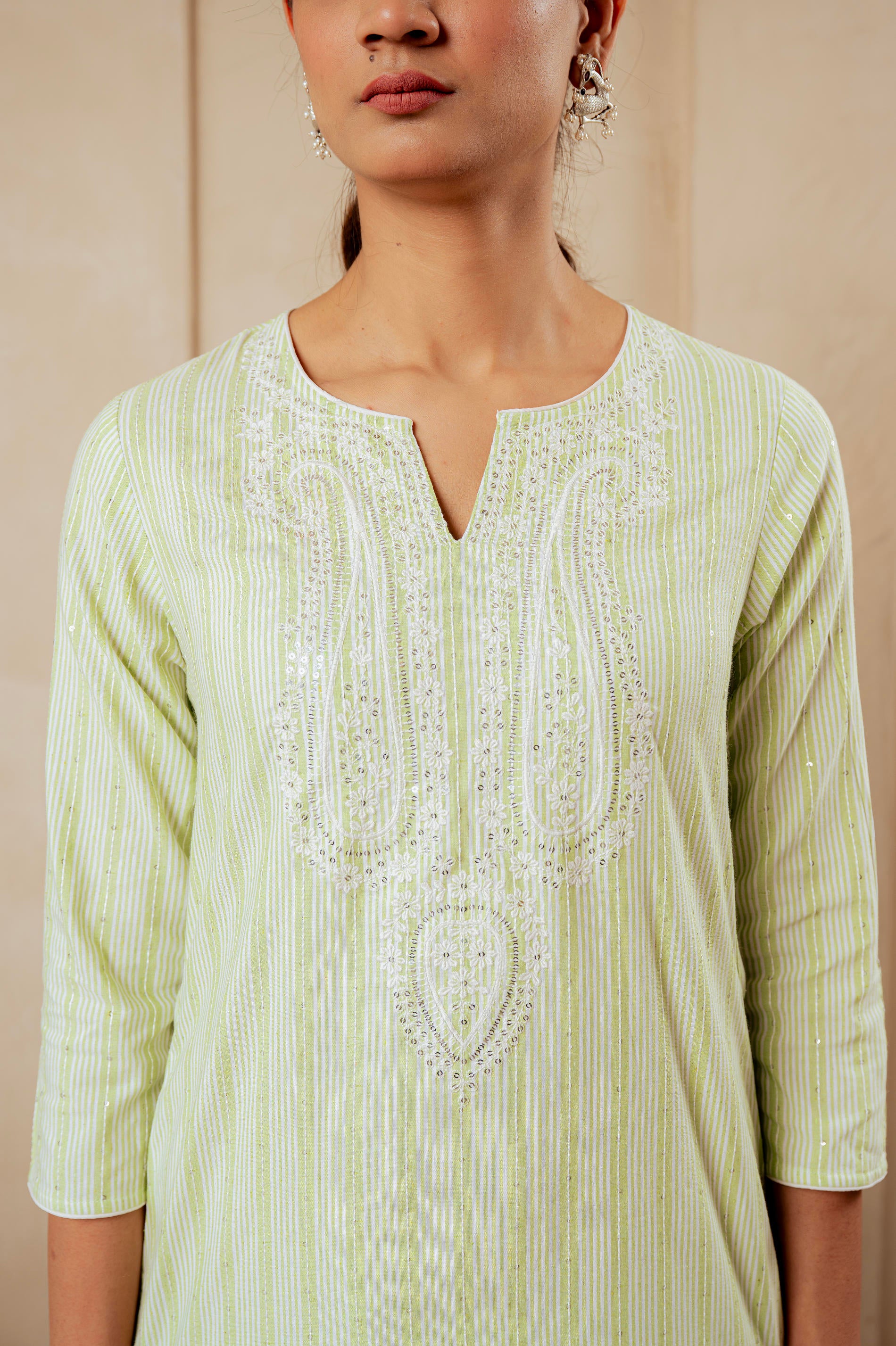 Sage Green Kurta Set with Subtle Thread Embroidery