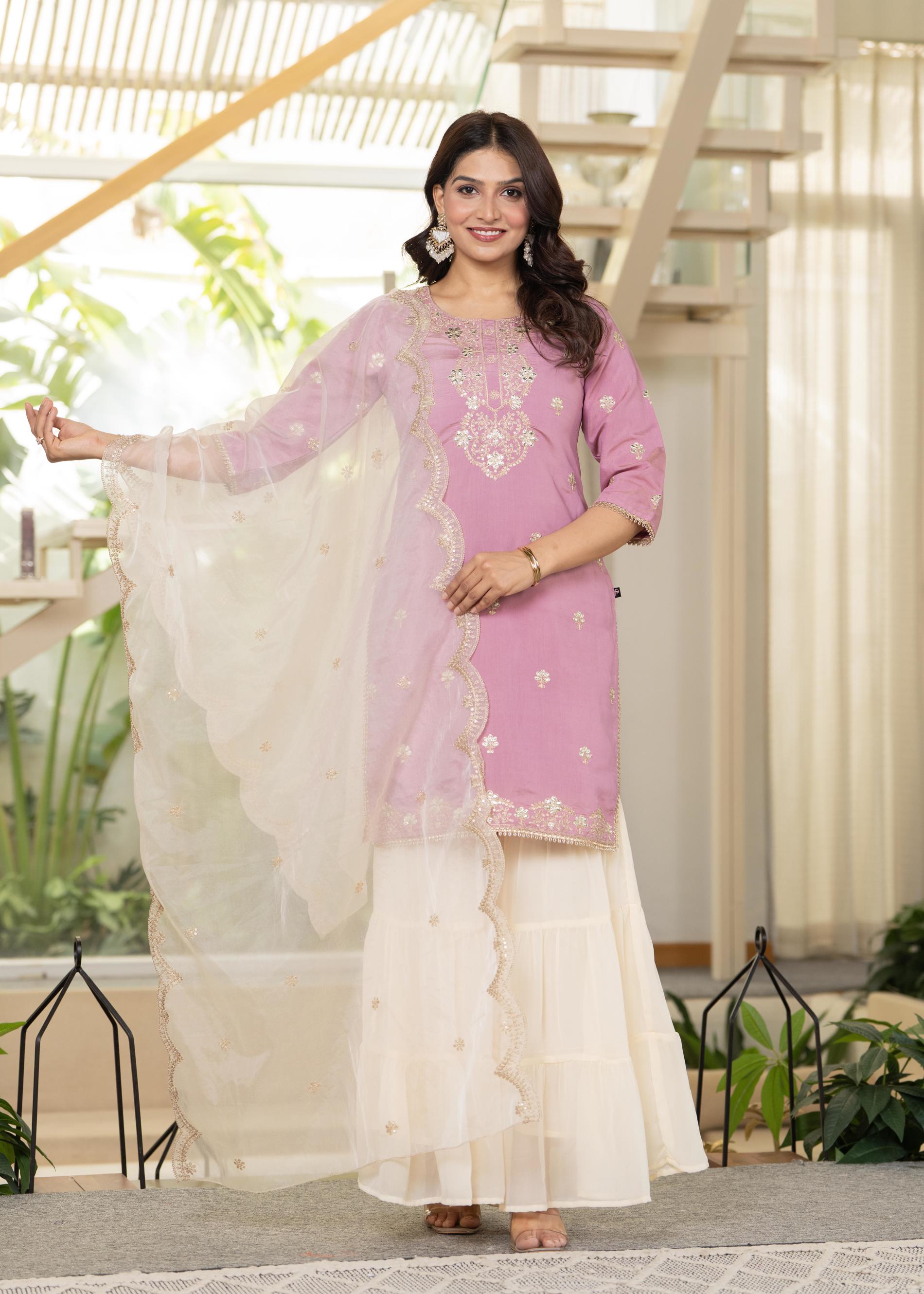 Pastel Pink Embroidered Kurta Set with Ivory Sharara and Dupatta