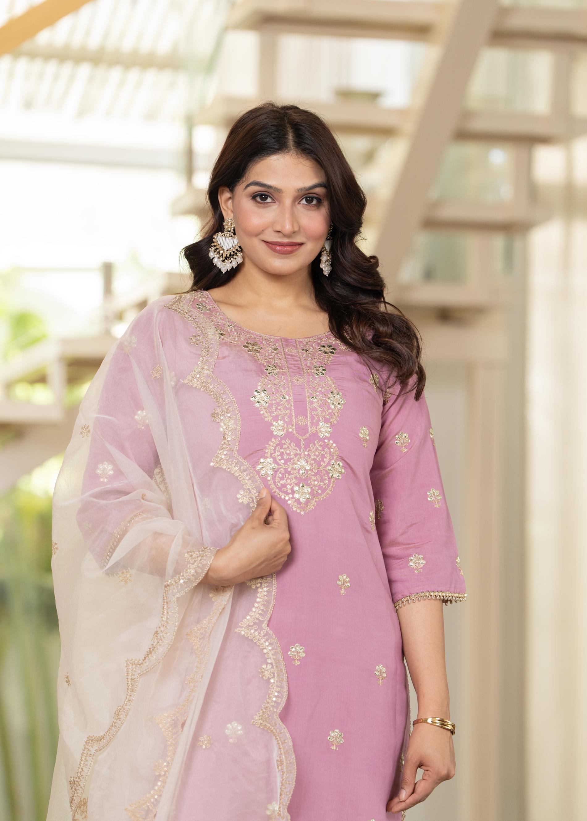 Pastel Pink Embroidered Kurta Set with Ivory Sharara and Dupatta