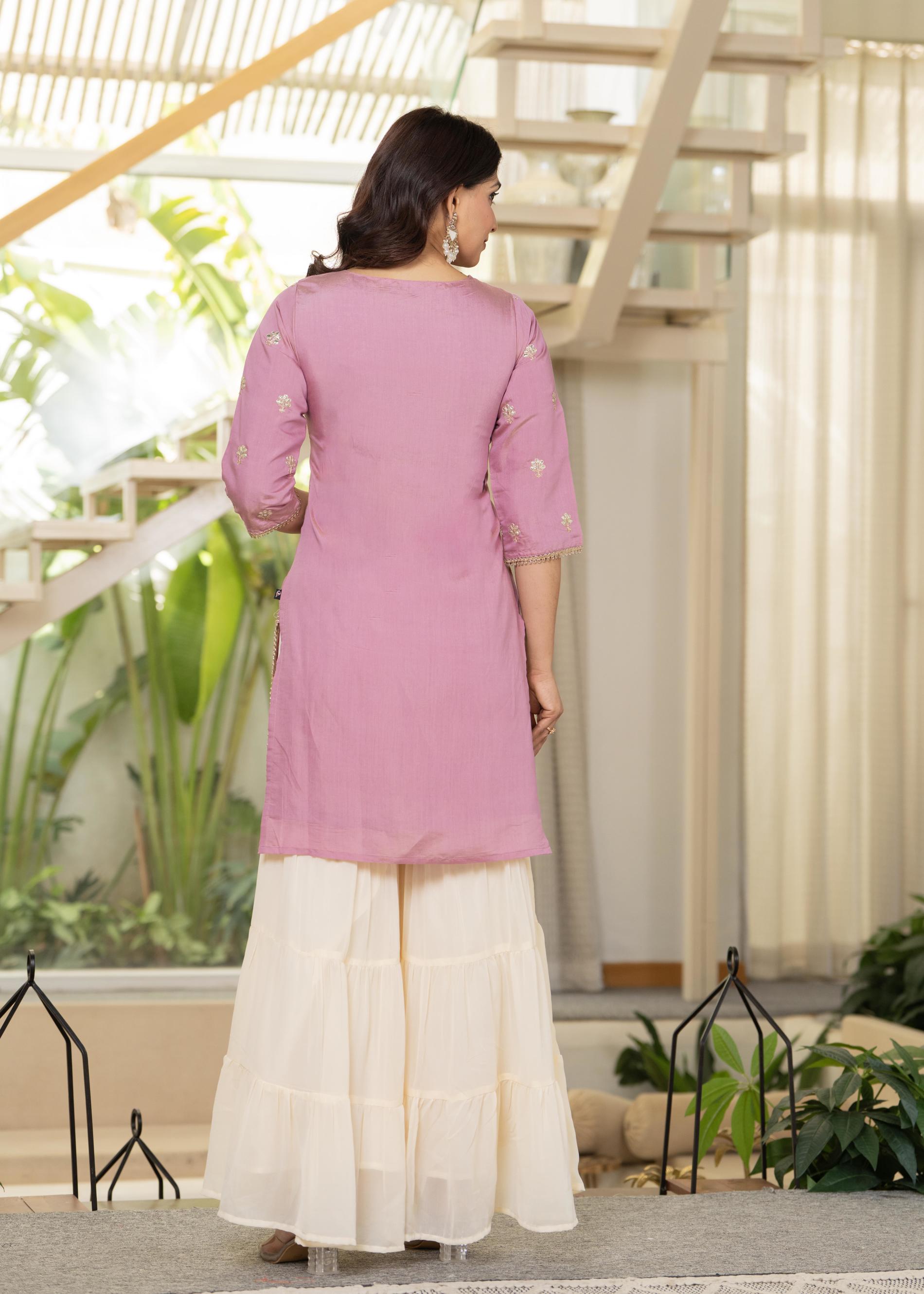 Pastel Pink Embroidered Kurta Set with Ivory Sharara and Dupatta