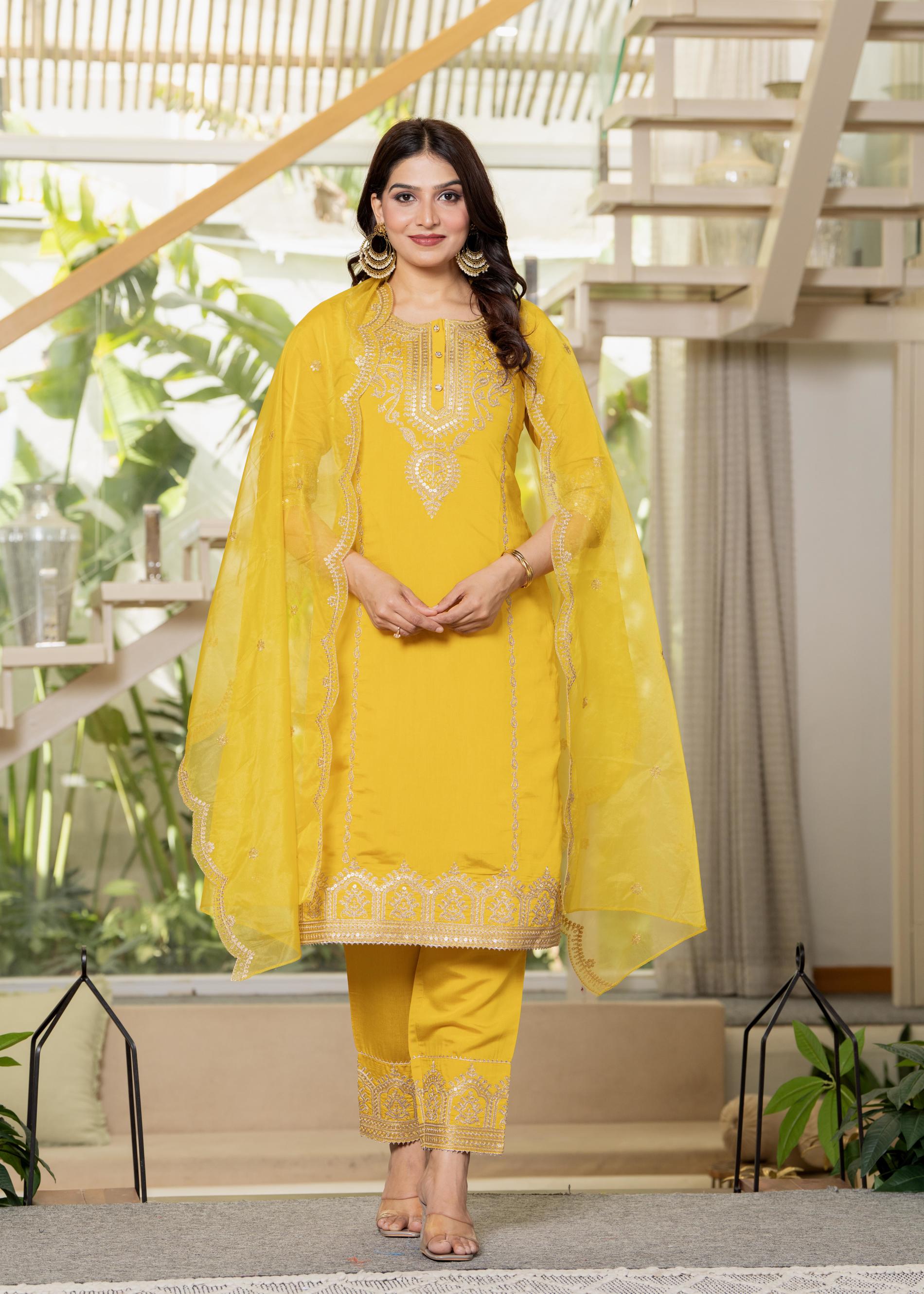 Viscose Mustard Embroidered Kurta Pant and Dupatta Set with Zari Work And Sequin