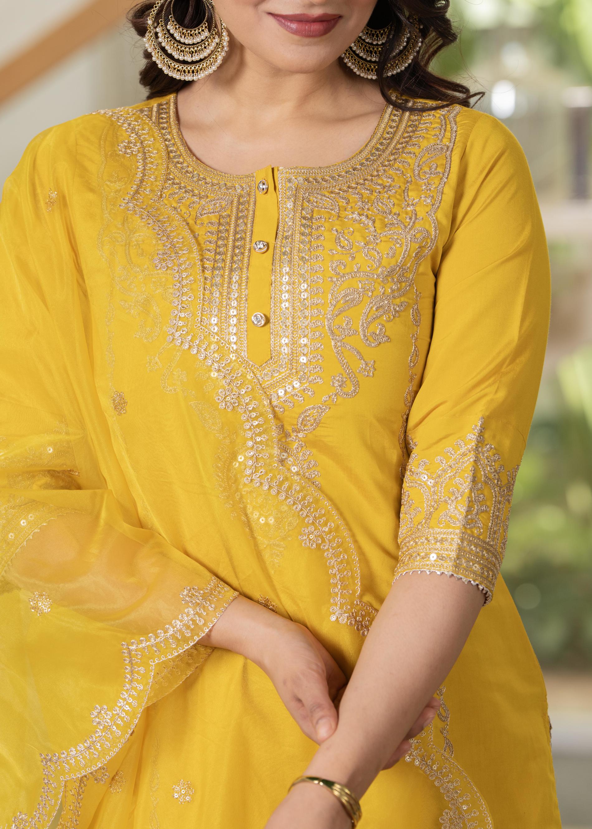 Viscose Mustard Embroidered Kurta Pant and Dupatta Set with Zari Work And Sequin