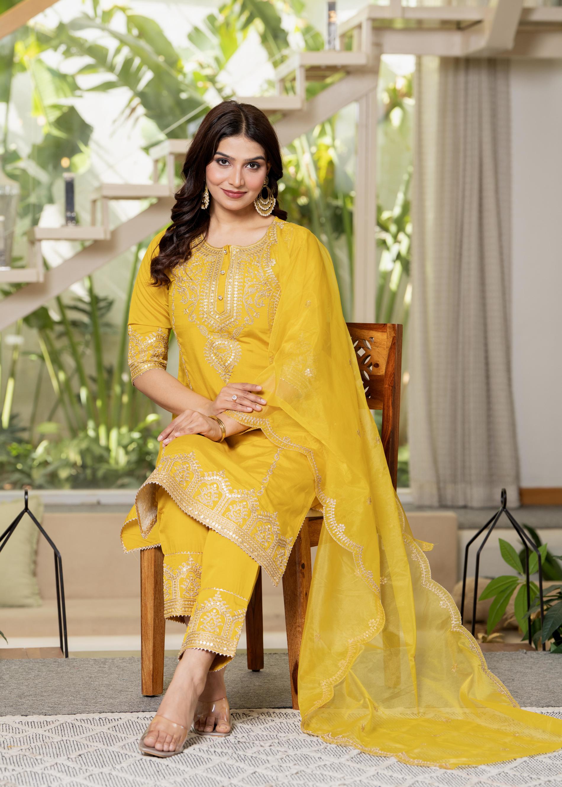 Viscose Mustard Embroidered Kurta Pant and Dupatta Set with Zari Work And Sequin