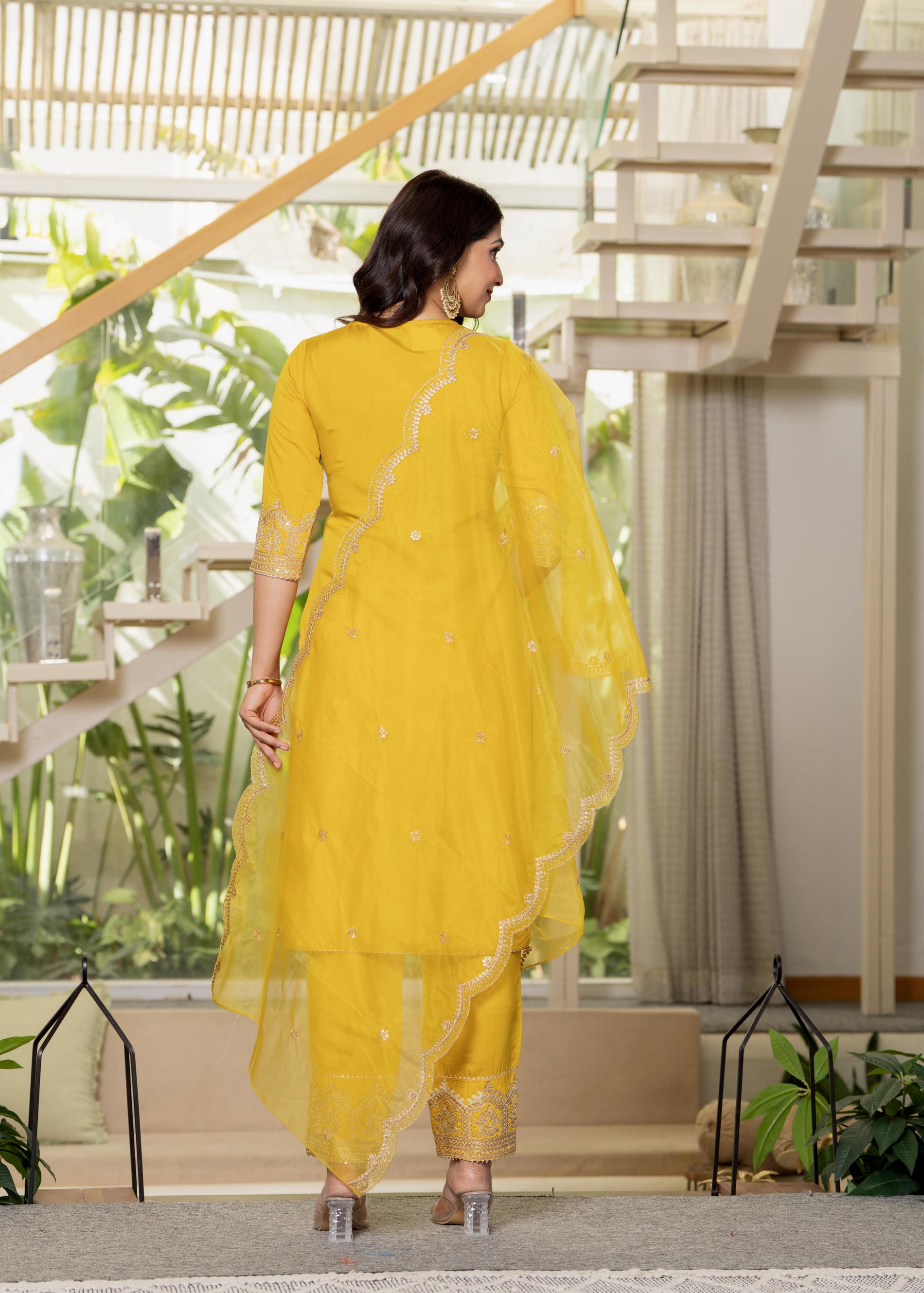 Viscose Mustard Embroidered Kurta Pant and Dupatta Set with Zari Work And Sequin