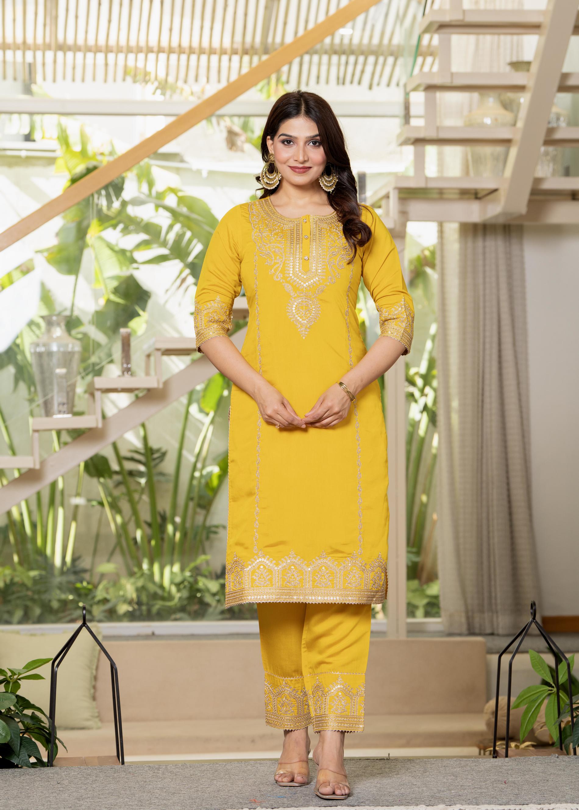 Viscose Mustard Embroidered Kurta Pant and Dupatta Set with Zari Work And Sequin