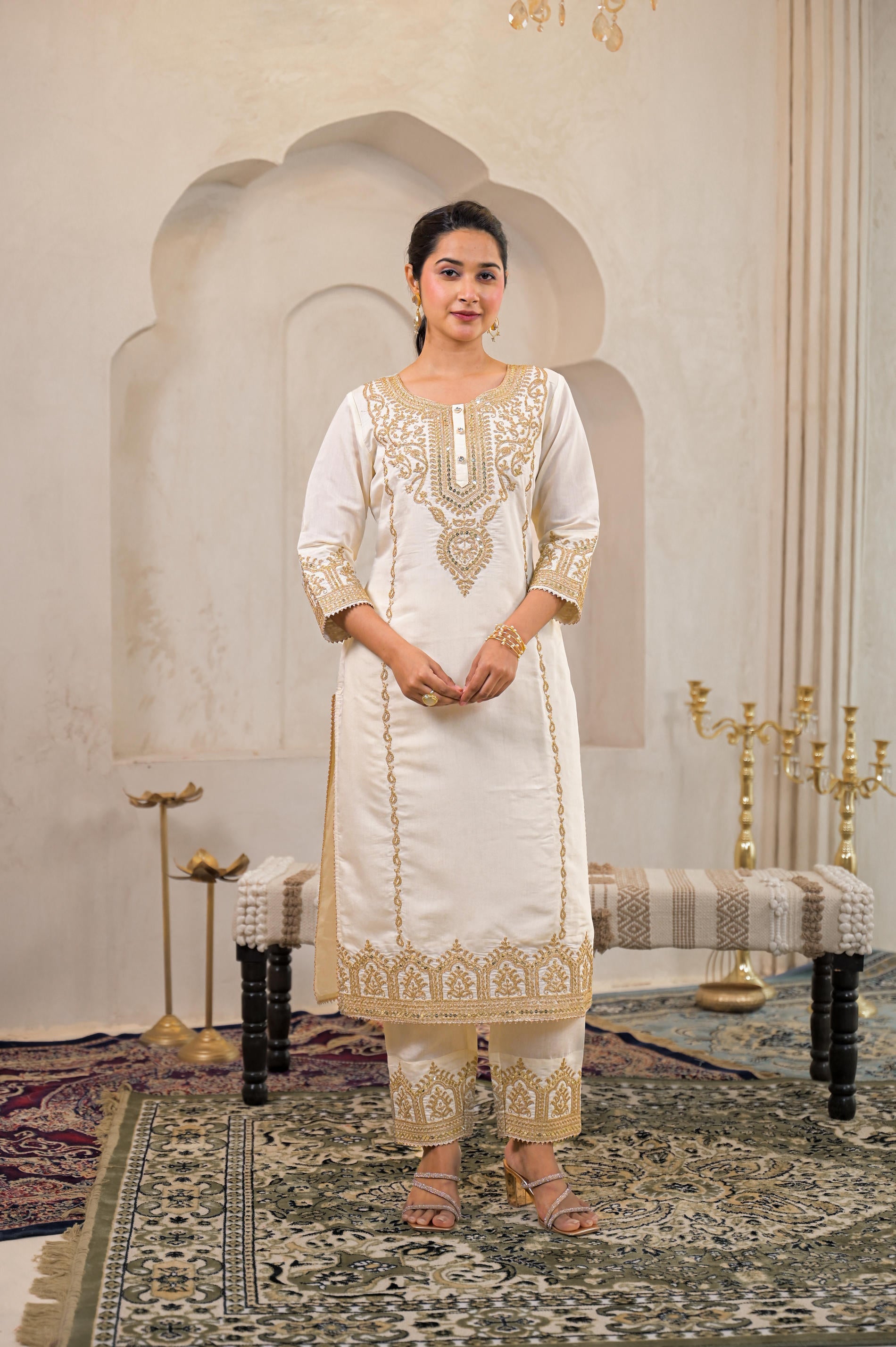 Viscose Off White Embroidered Kurta Pant and Dupatta Set with Zari Work And Sequin